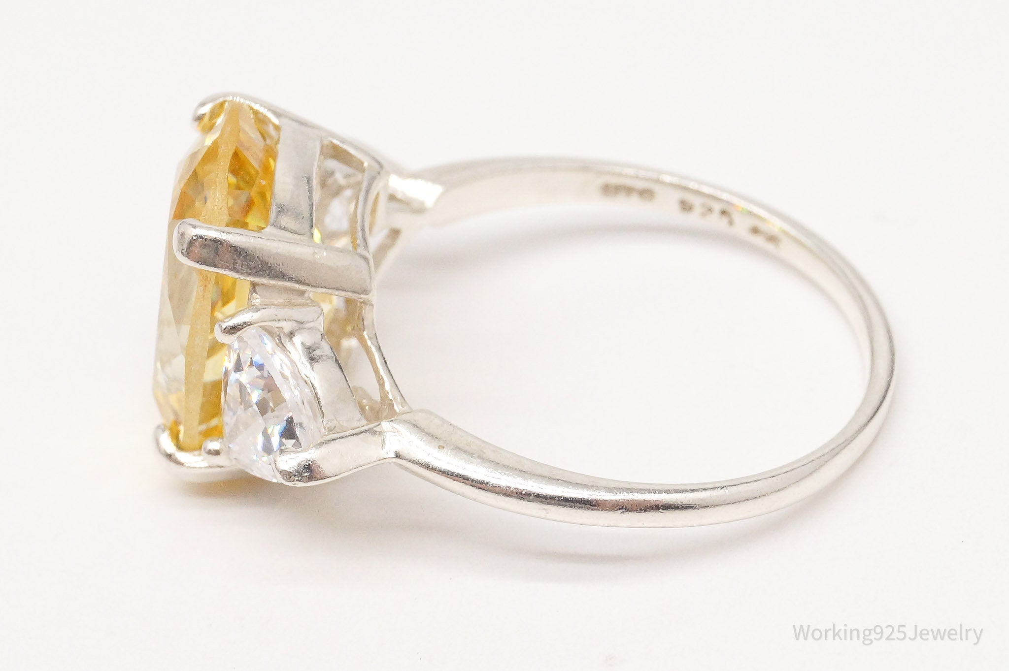 Vintage Large Yellow & White Cubic Zirconia Sterling Silver Ring - Size 9.75