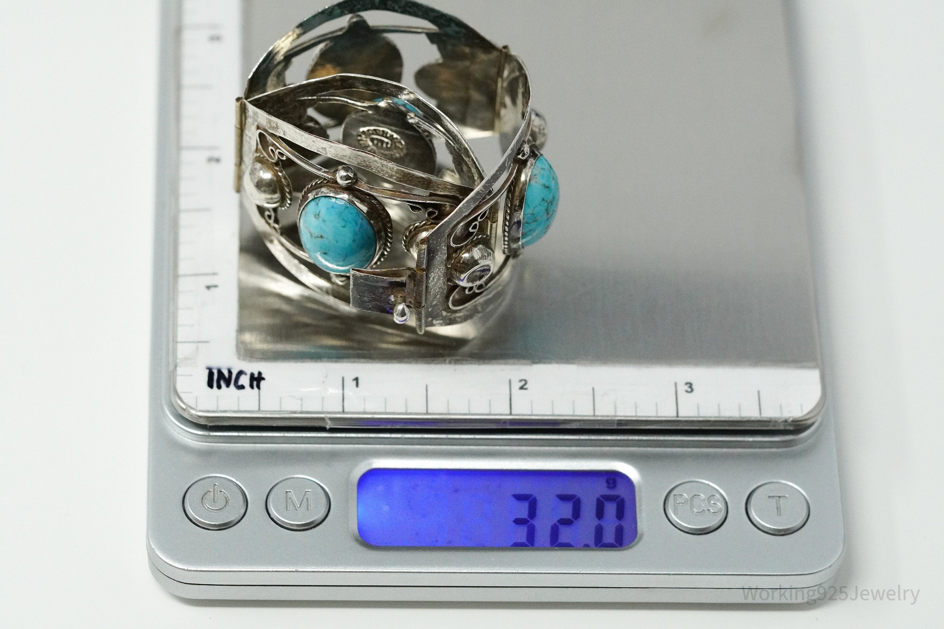 Vintage Mexico Glass Turquoise Sterling Silver Bracelet - 6.75"