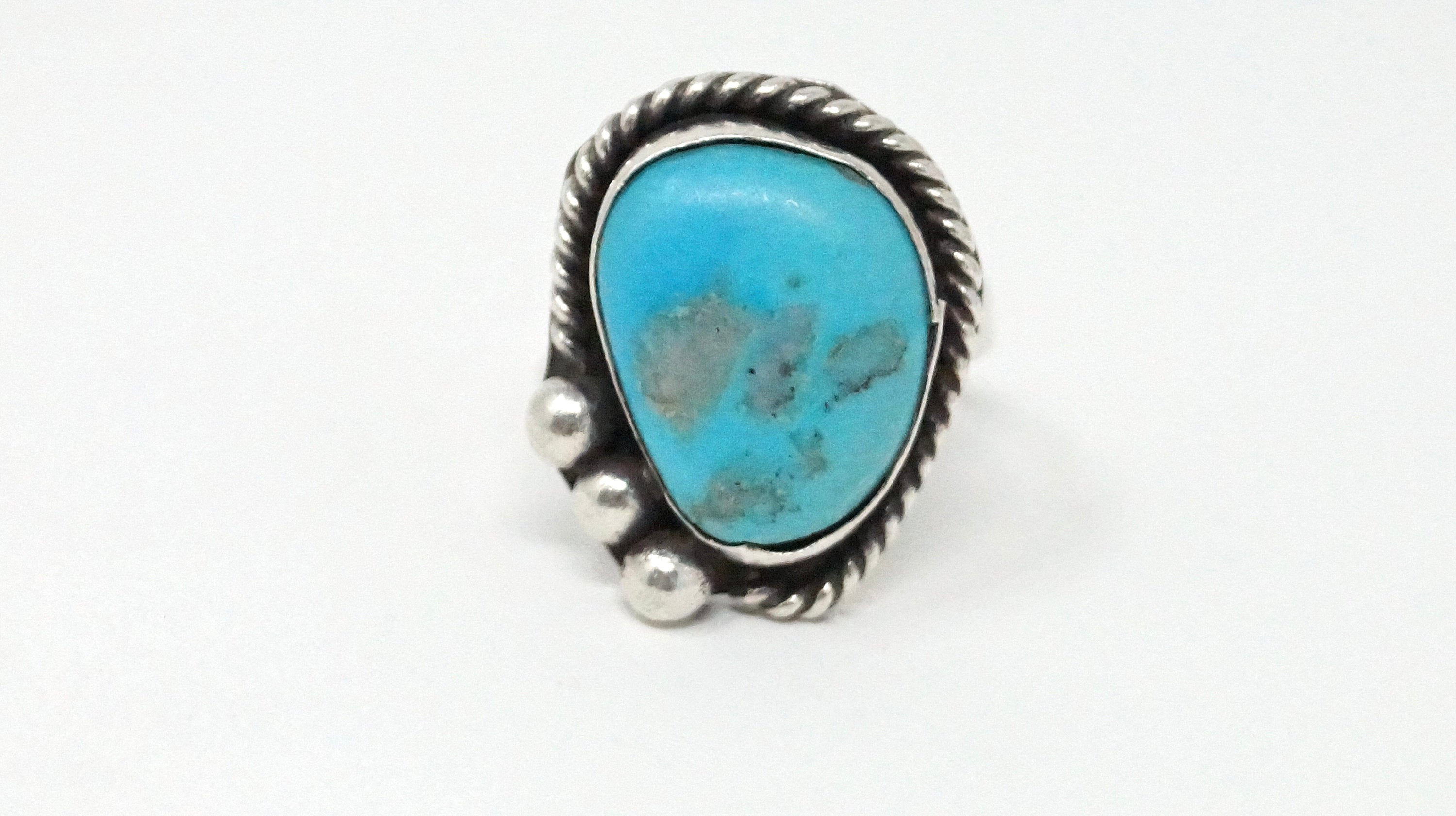 Vintage Native Turquoise Sterling Silver Rope Detail Ring - Size 7 1/4