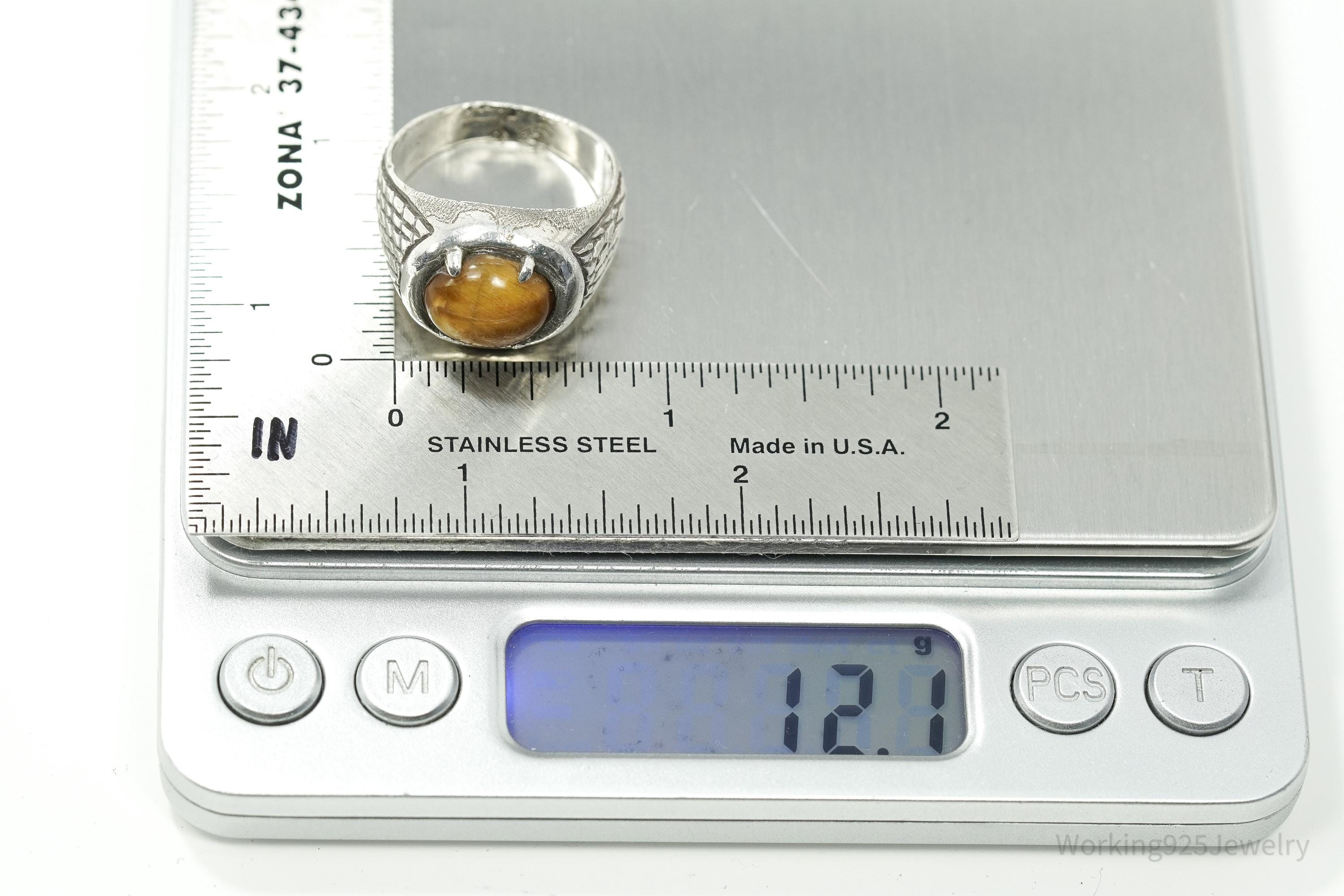 Vintage Native American Tigers Eye Unsigned Silver Ring - Size 10.5