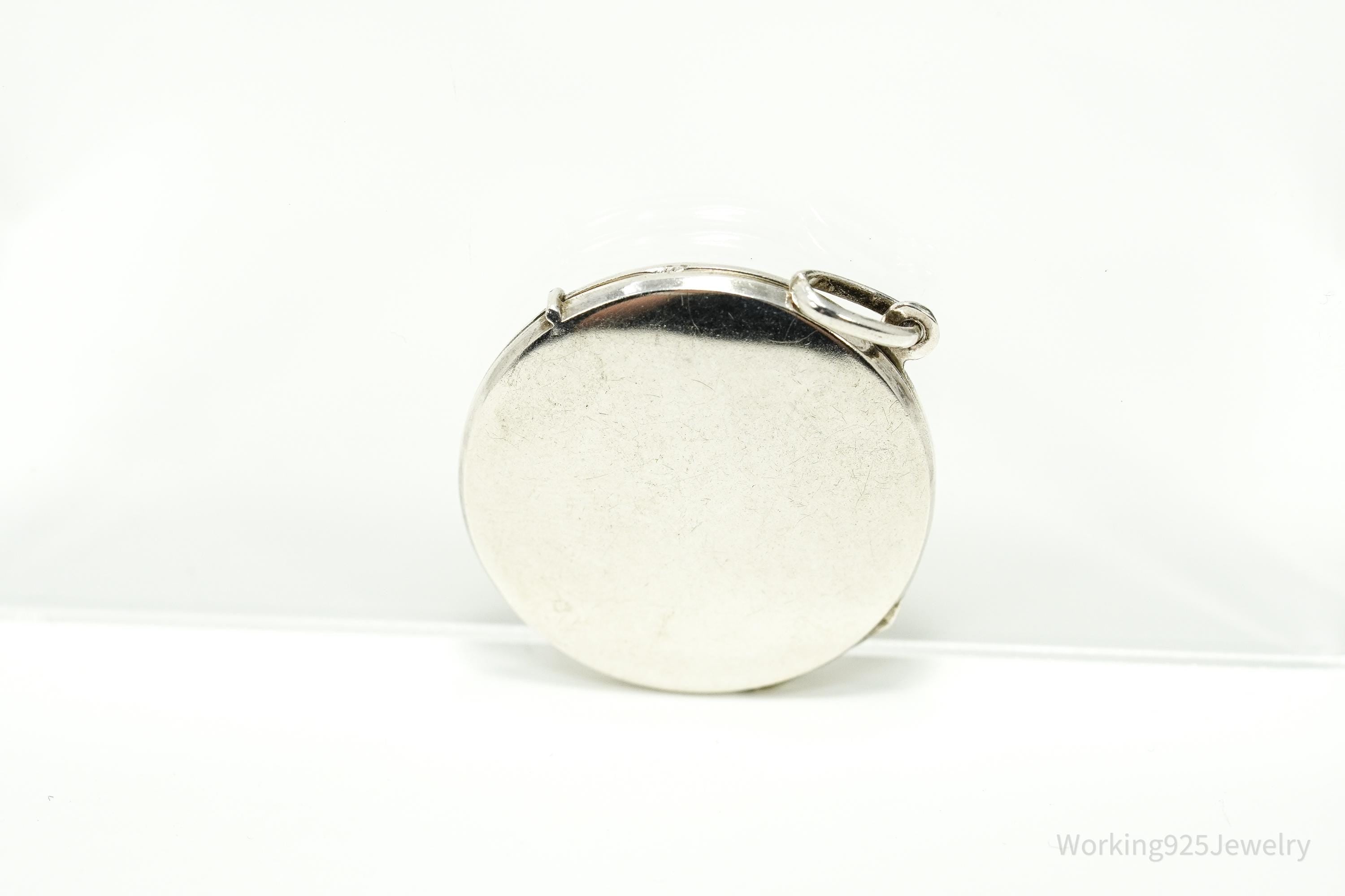 Vintage Round Etched Sterling Silver Locket Pendant