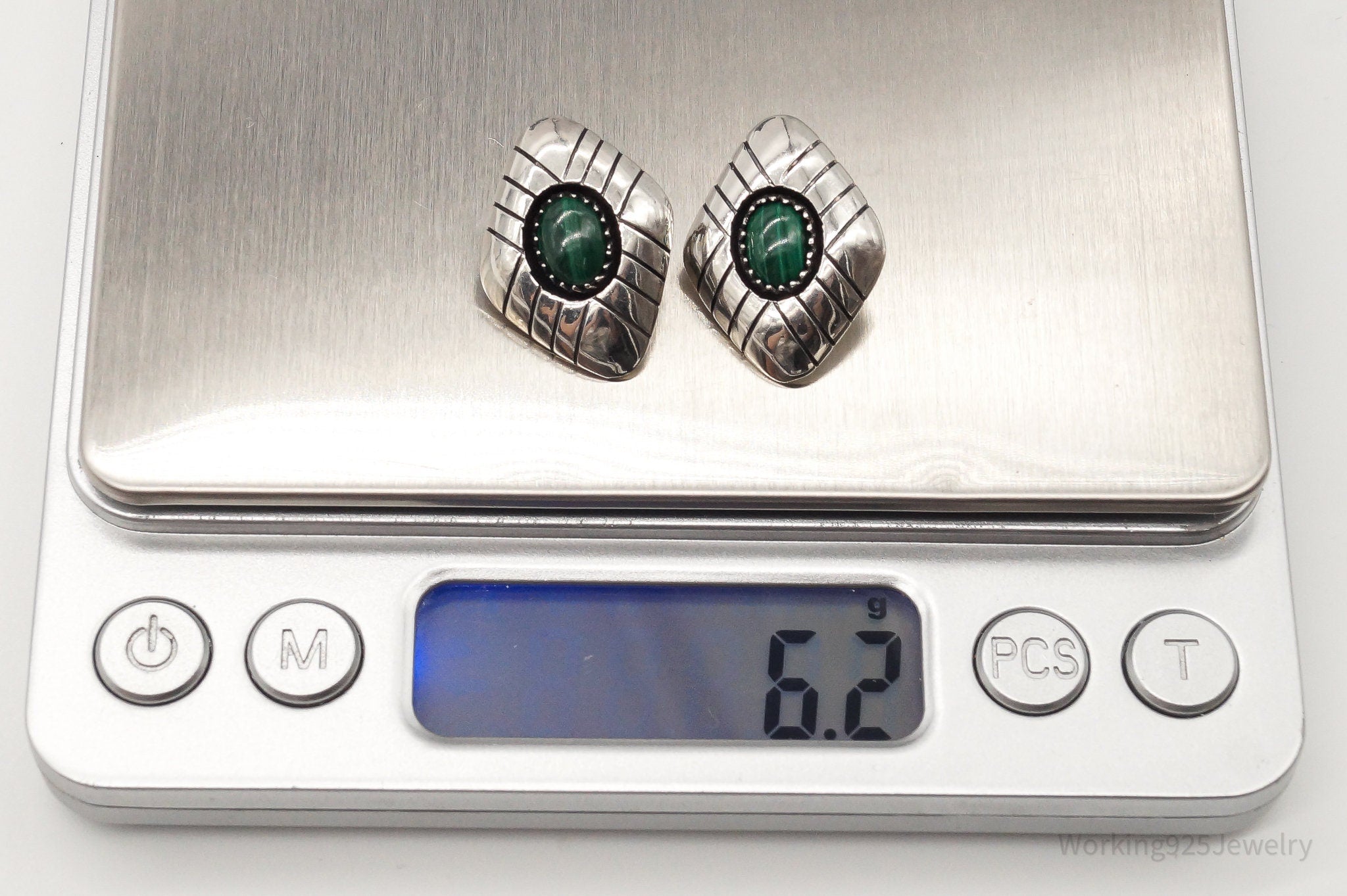 Vintage Native American Malachite Sterling Silver Clip On Earrings