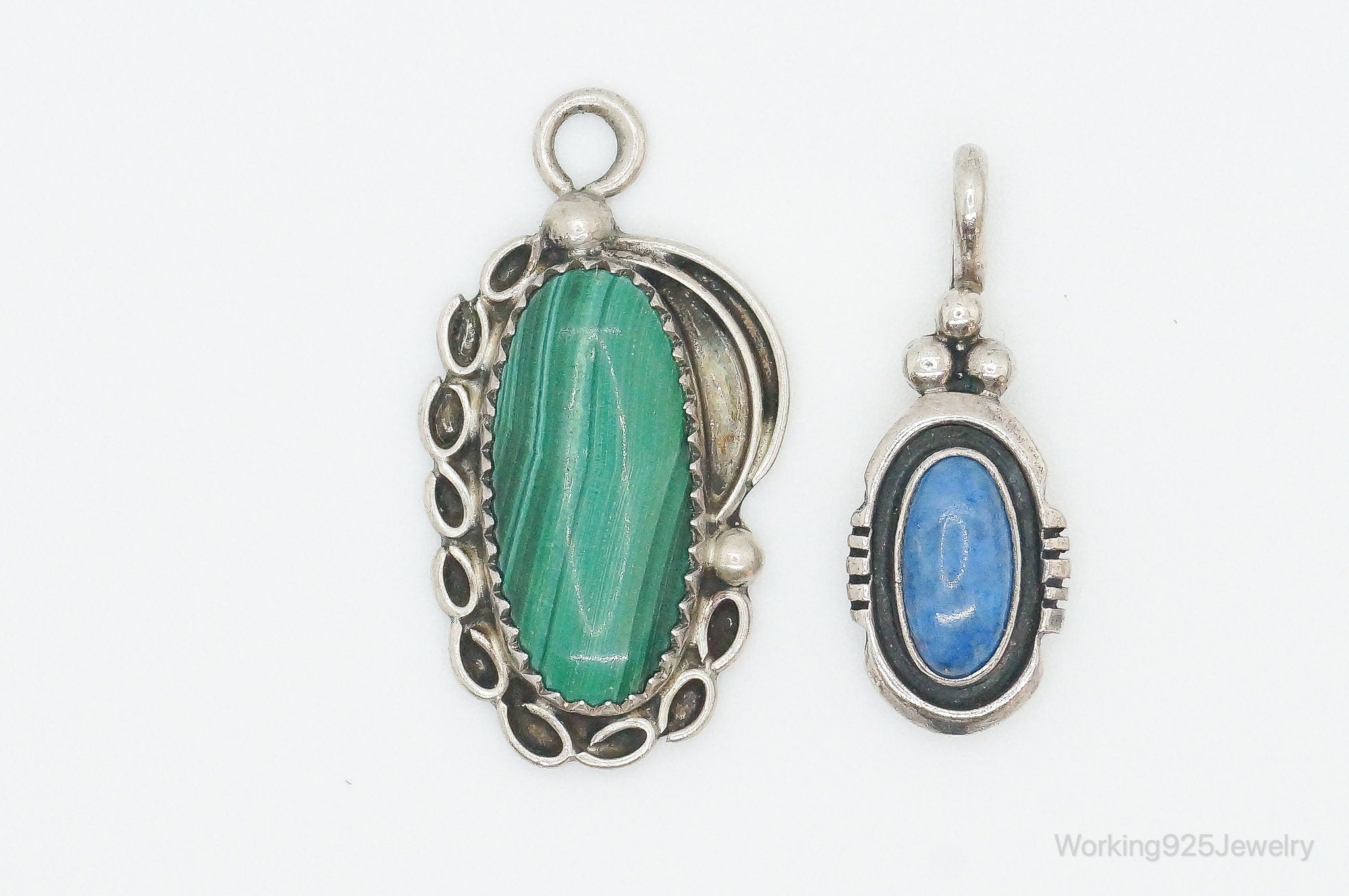 Vintage Native American Malachite Lapis Lazuli Sterling Silver Charm Pendants