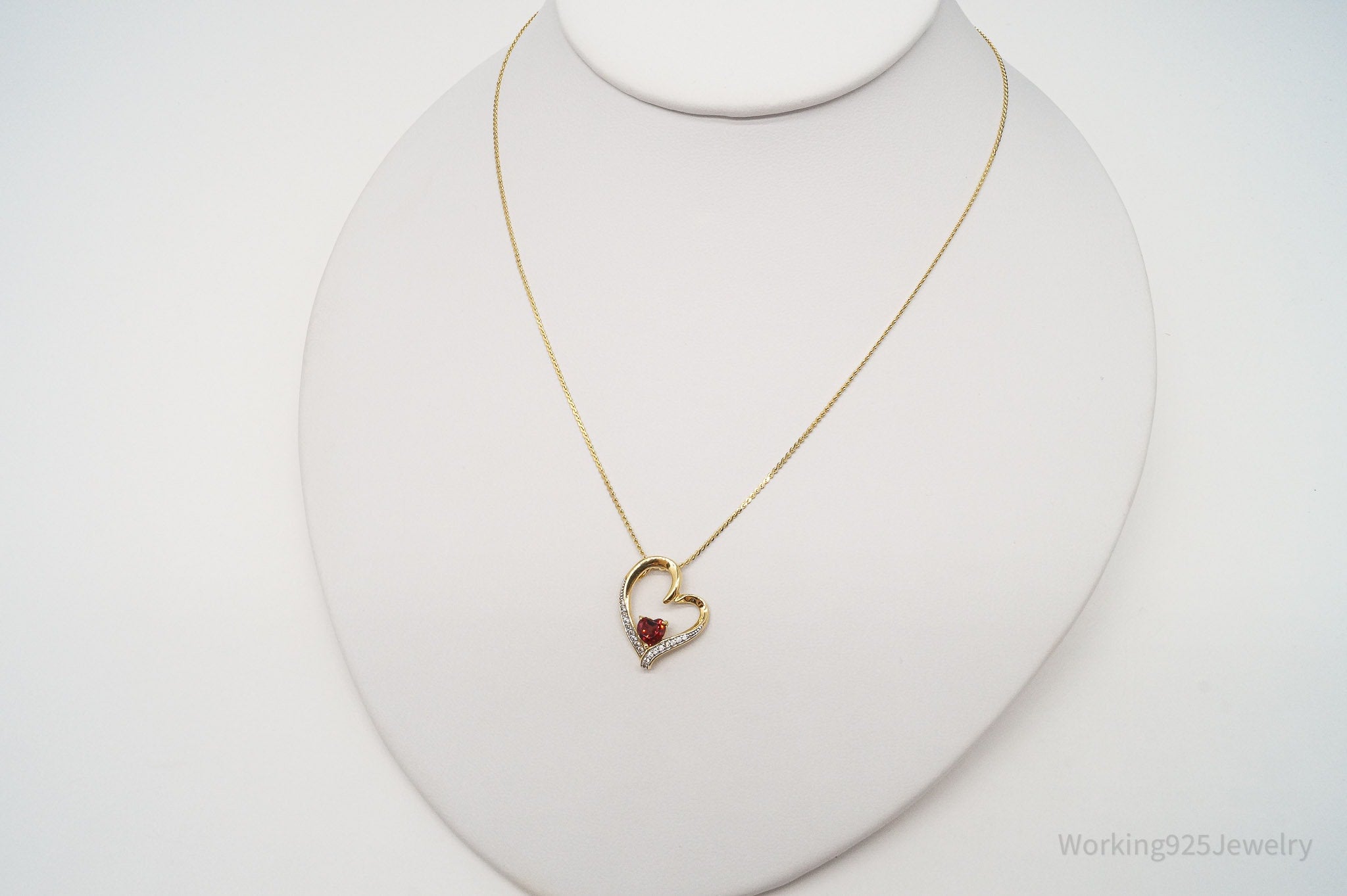 Vintage Garnet White Sapphire 18K Gold Plated Sterling Silver Heart Necklace 16"