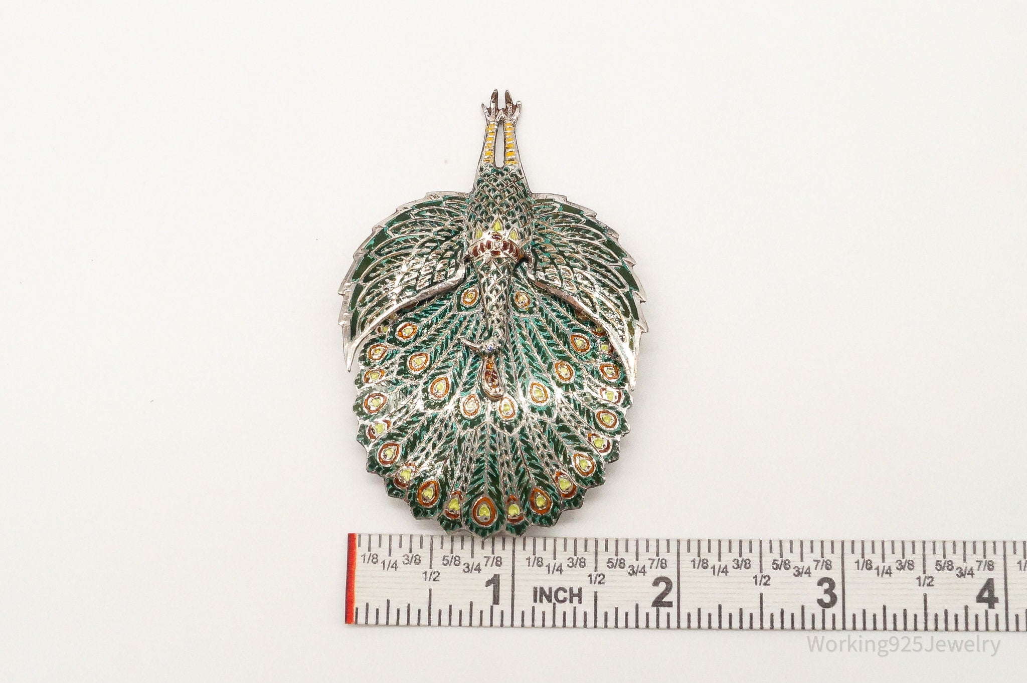 Vintage SIAM Enamel Peacock Silver Brooch Pin