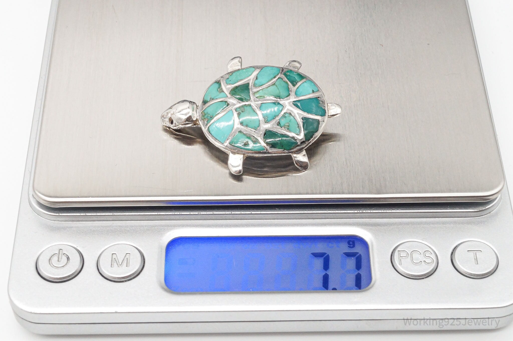 Vintage Handmade Turquoise Inlay Turtle Silver Brooch Pin