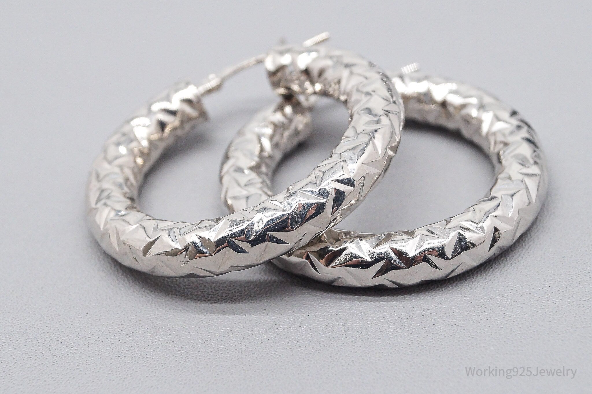 Vintage QG Textured Sterling Silver Hoop Earrings