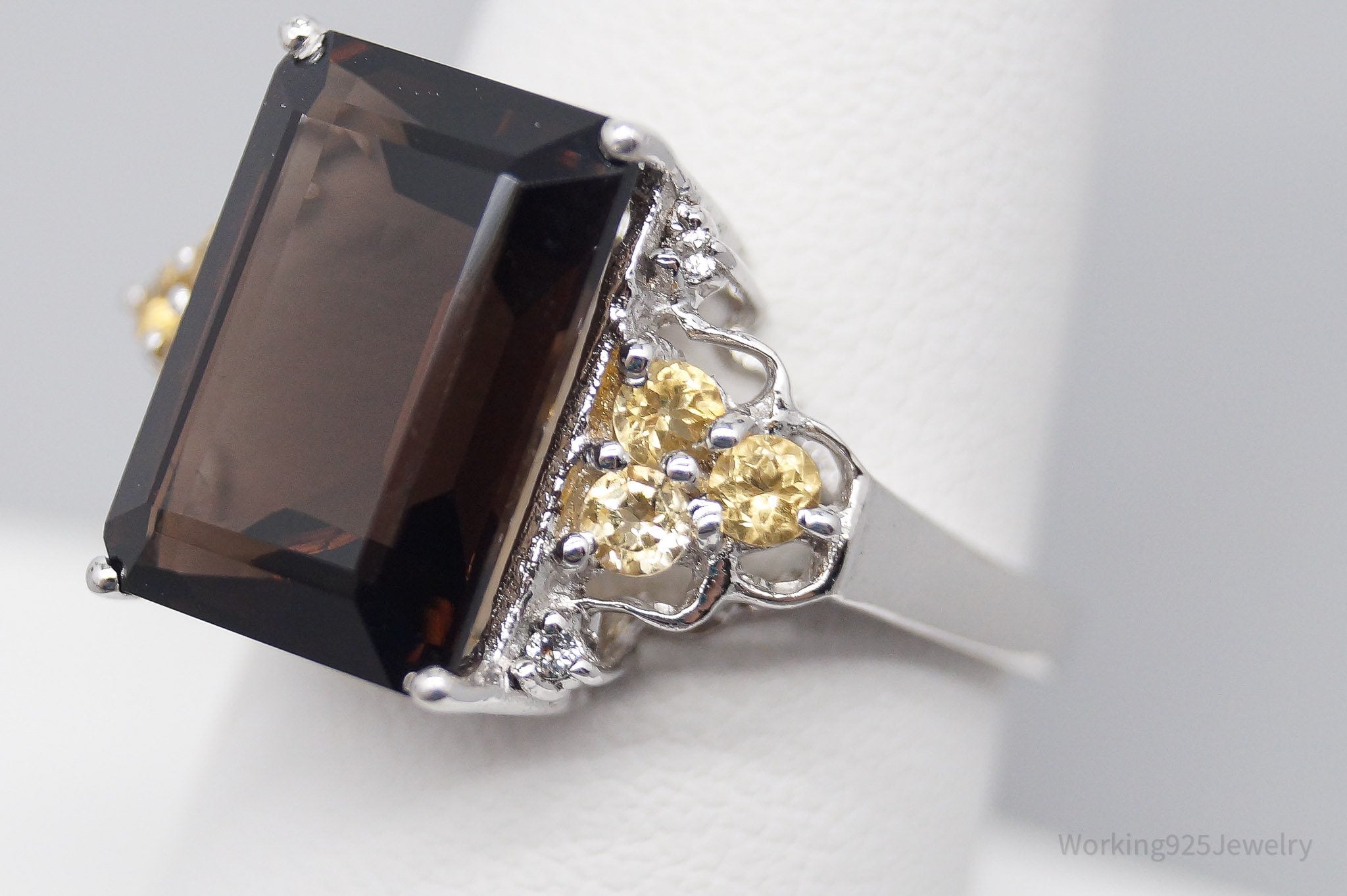 Vintage Large Smoky Topaz Citrine White Topaz Sterling Silver Ring - Size 8