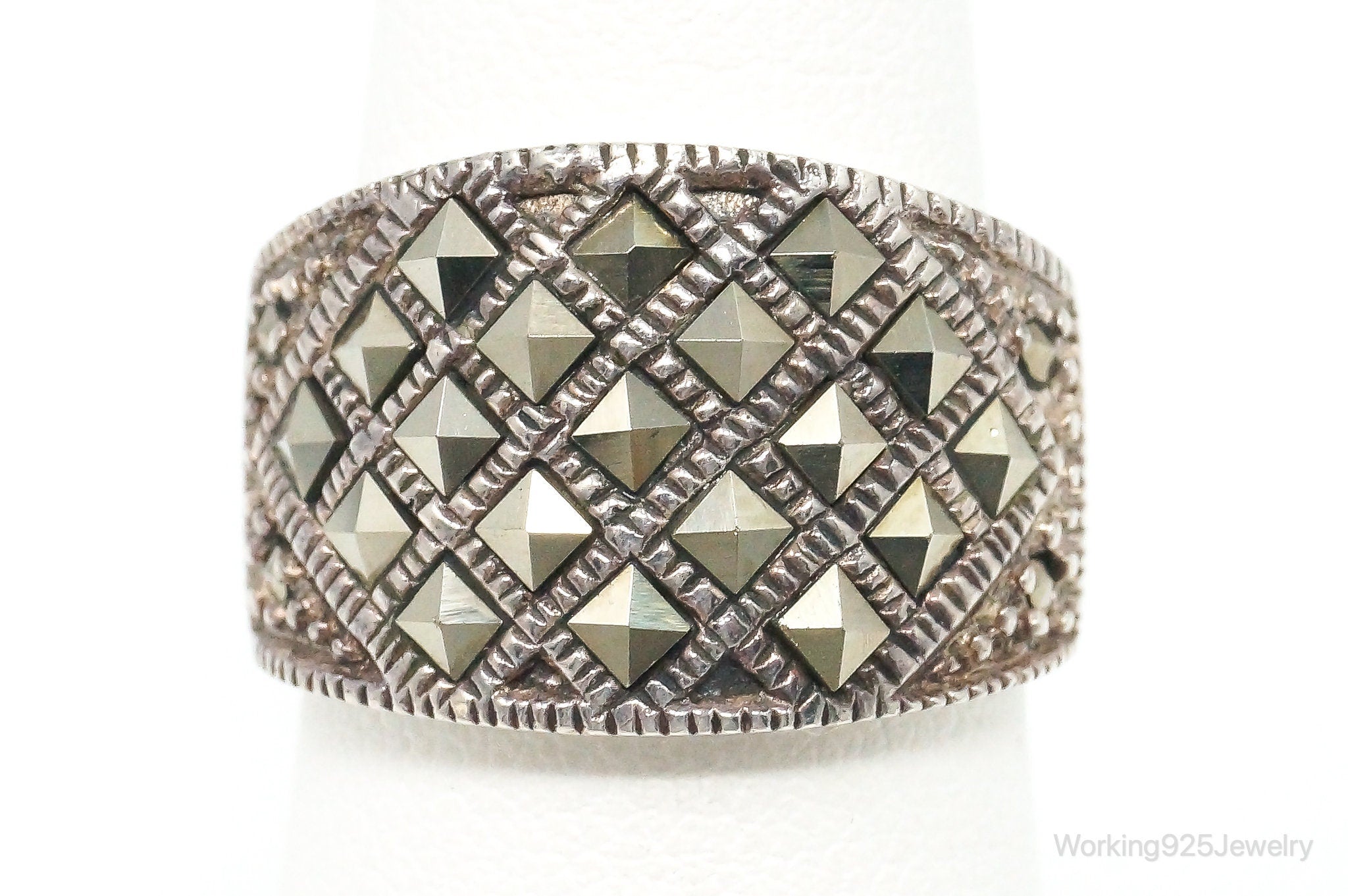 Vintage Marcasite Geometric Sterling Silver Wide Ring Size 6.75