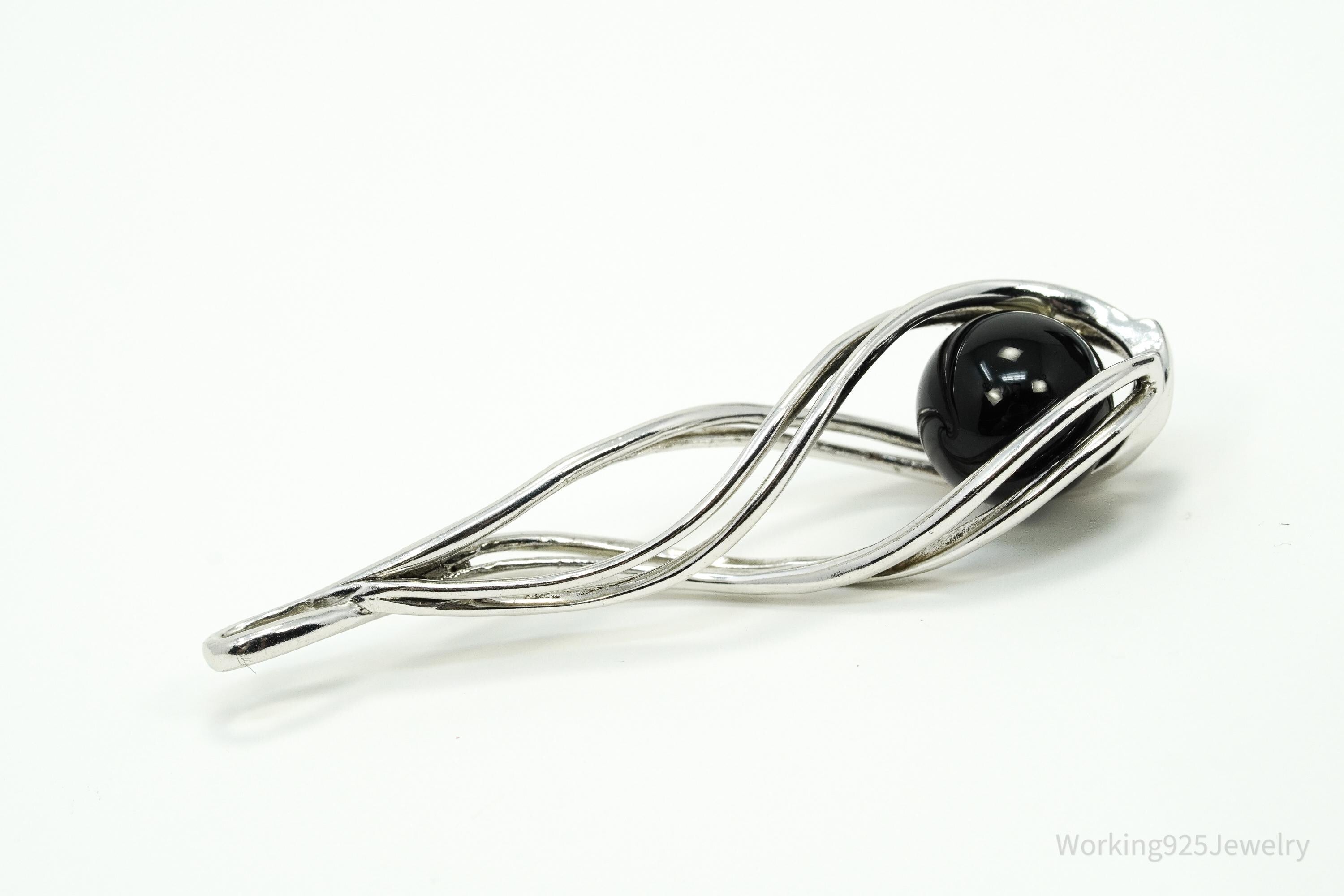Vintage Designer Spiral Caged Black Onyx Sterling Silver Necklace Pendant