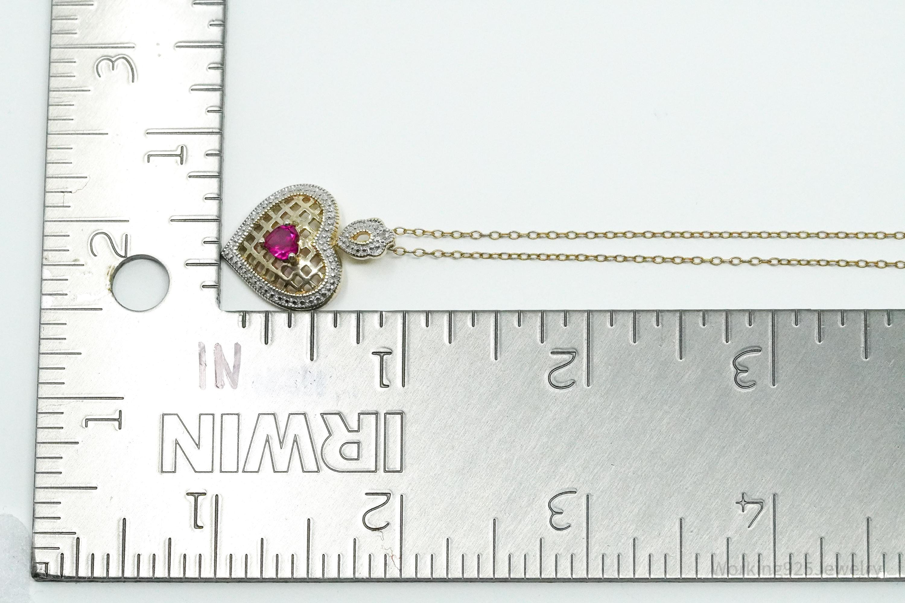 Vintage Ruby & Diamond Gold Over Sterling Silver Heart Necklace 18"