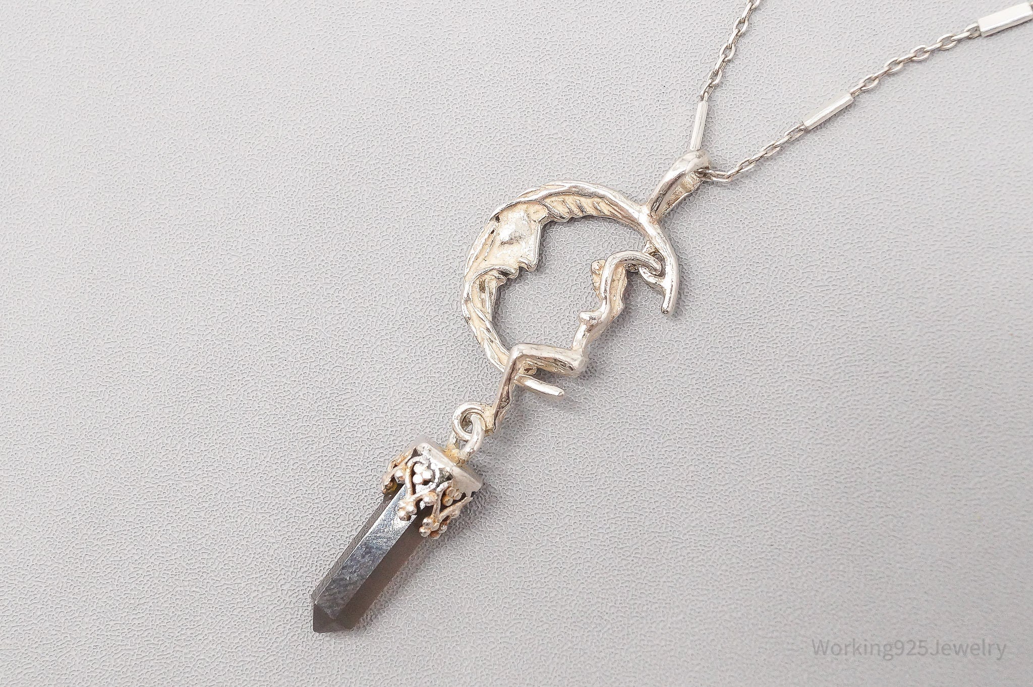 Vintage Woman & Moon Smoky Topaz Sterling Silver Necklace