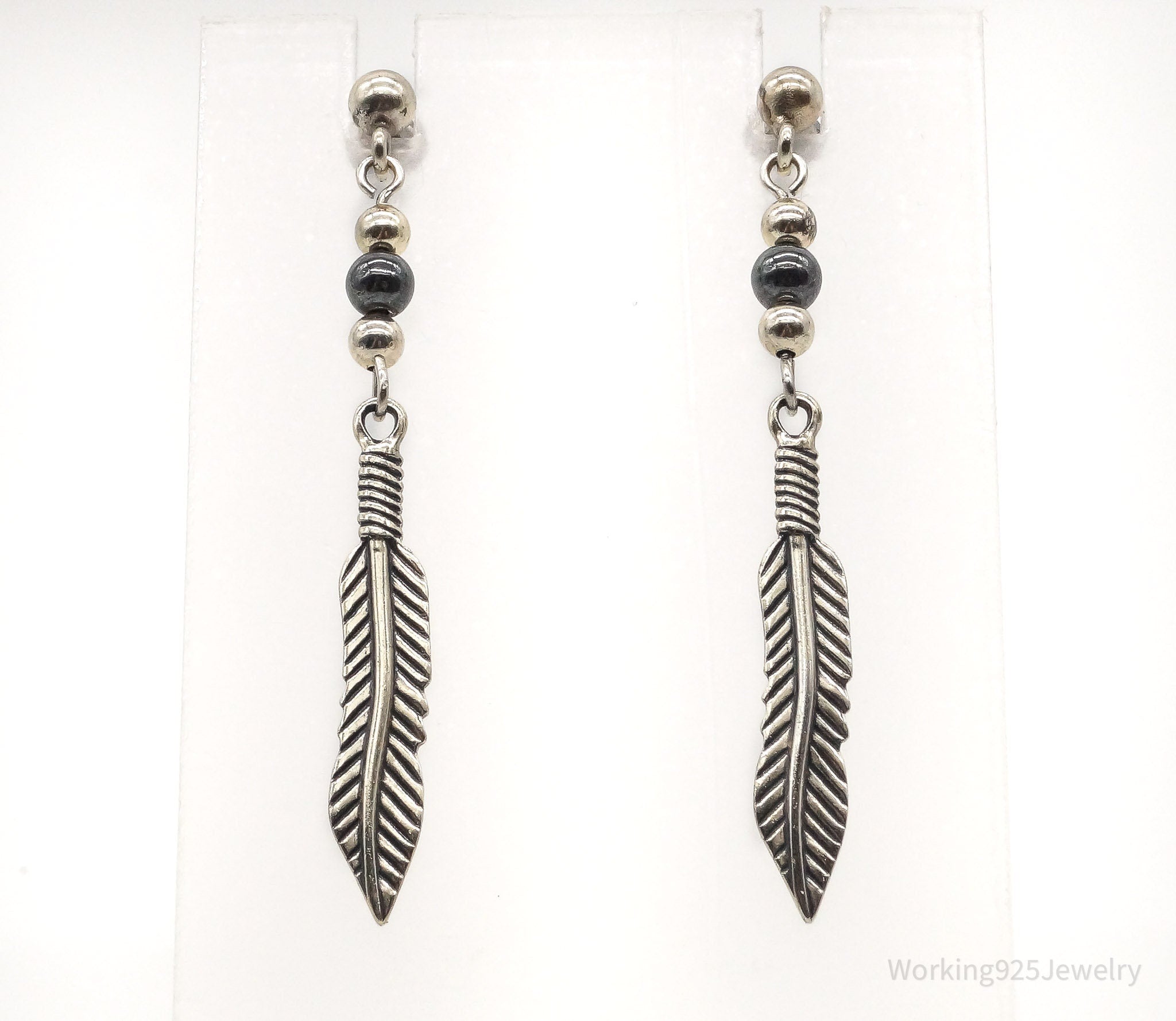 Vintage WM Co Hematite Feather Sterling Silver Earrings