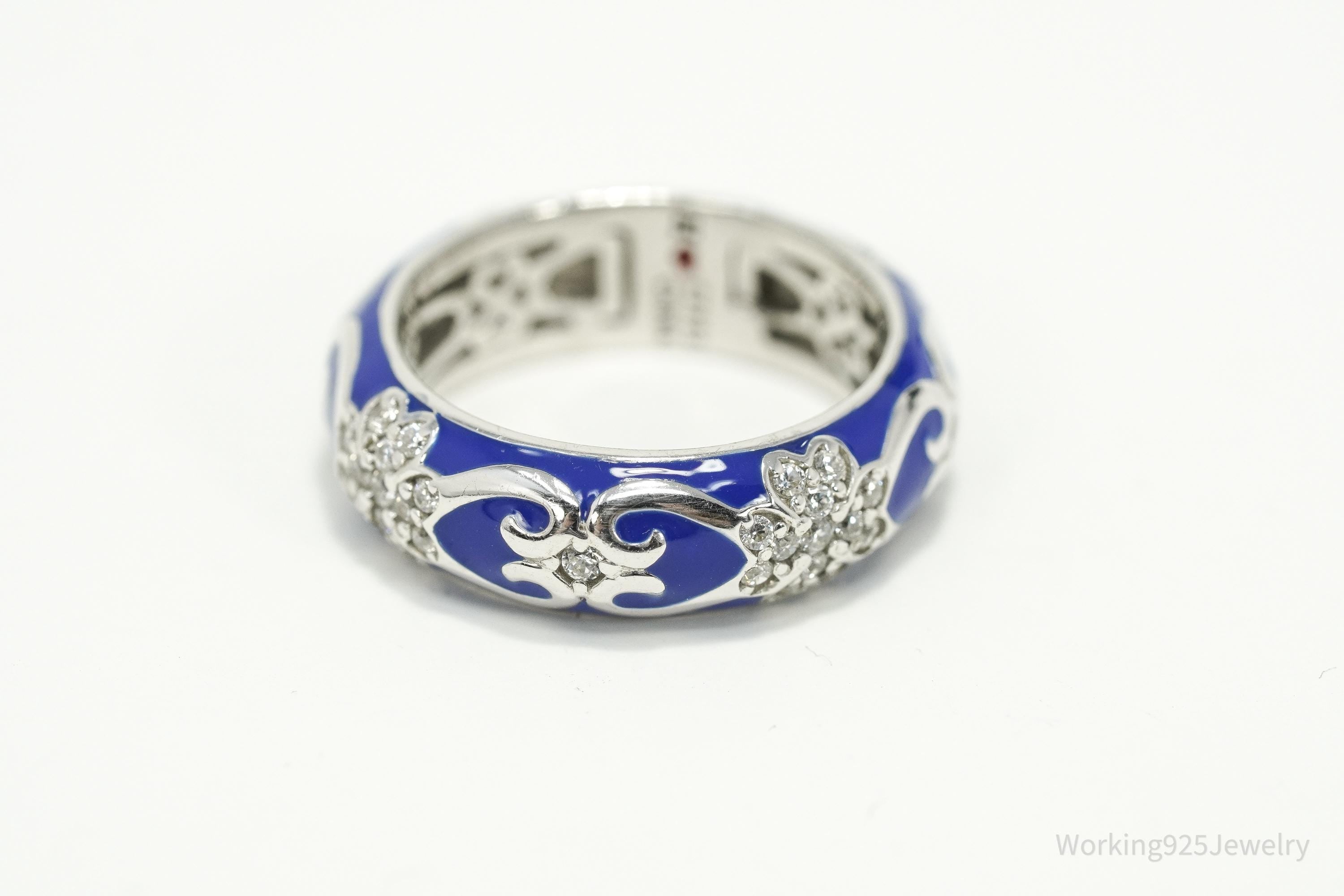 Y2K Blue Enamel & Cubic Zirconia Sterling Silver Band Ring – Size 7.25