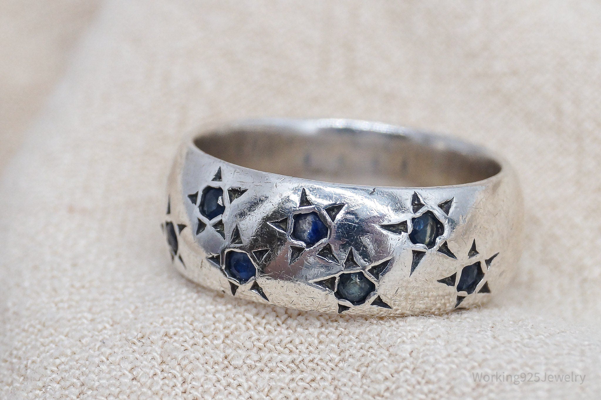 Vintage Sapphire Stars Israel Sterling Silver Band Ring - Size 8.75