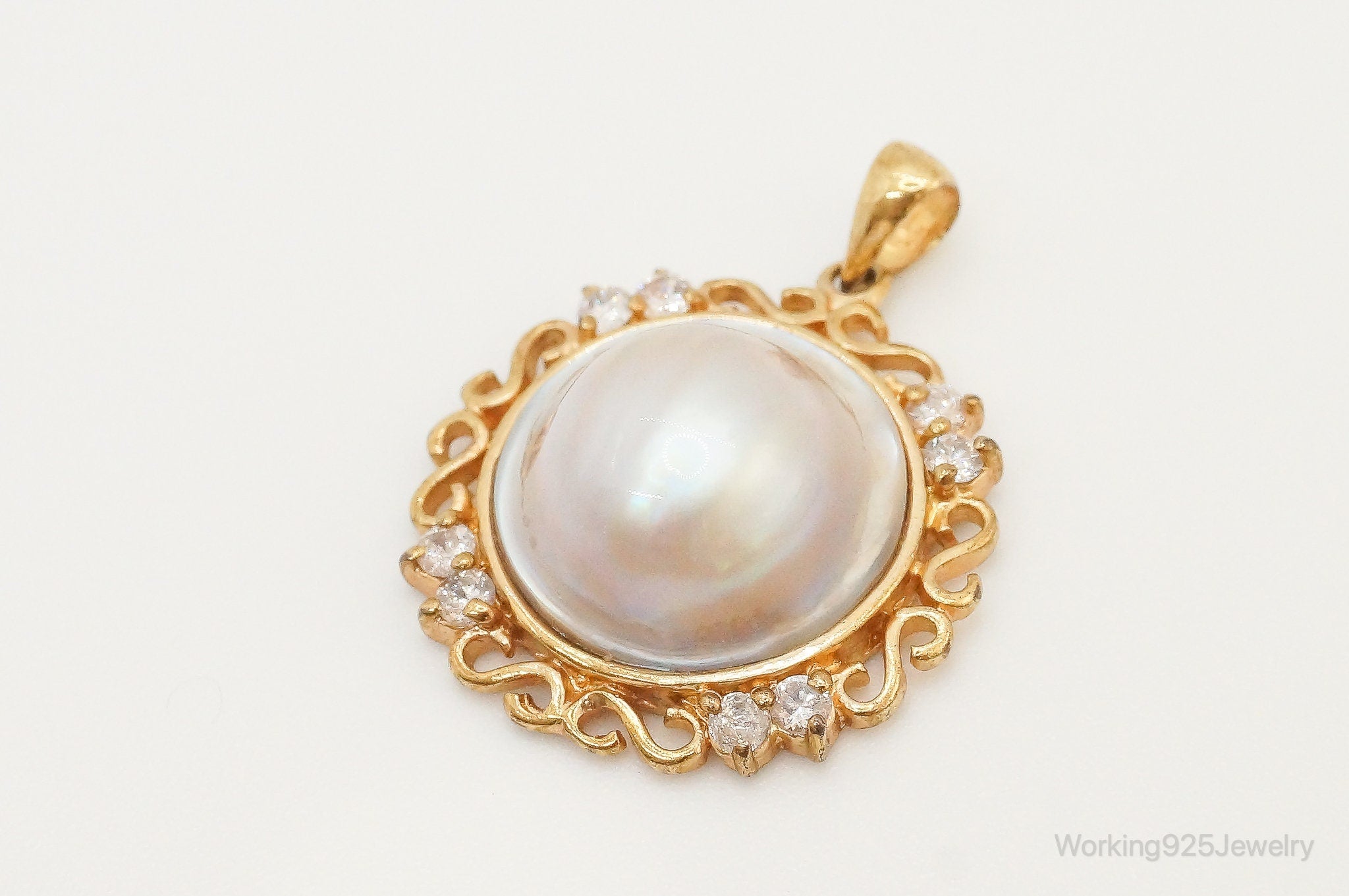 Vintage Pearl Gold Vermeil Cubic Zirconia Sterling Silver Pendant