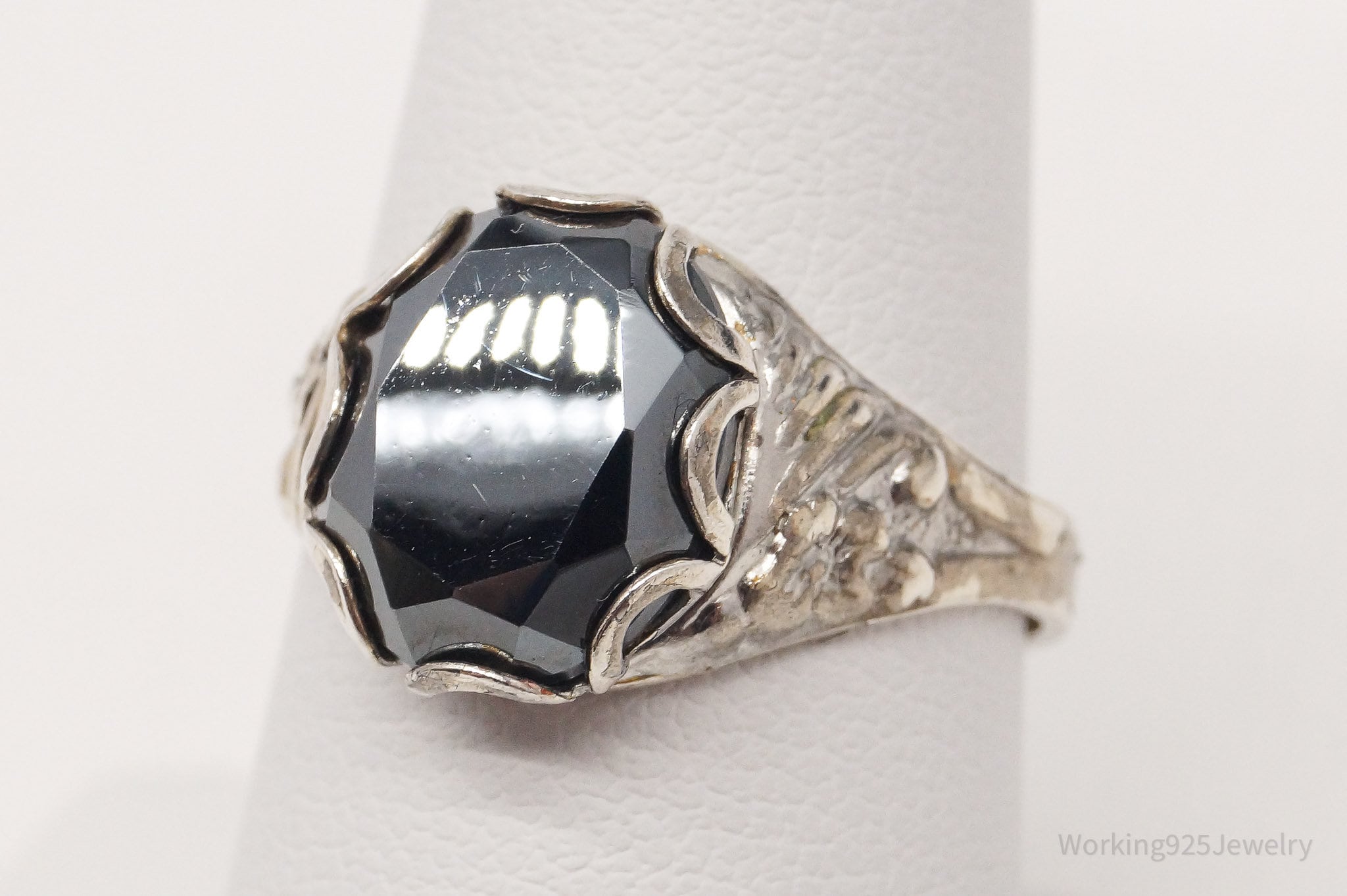 Antique Designer Hematite Sterling Silver Ring - Size 8 Adjustable