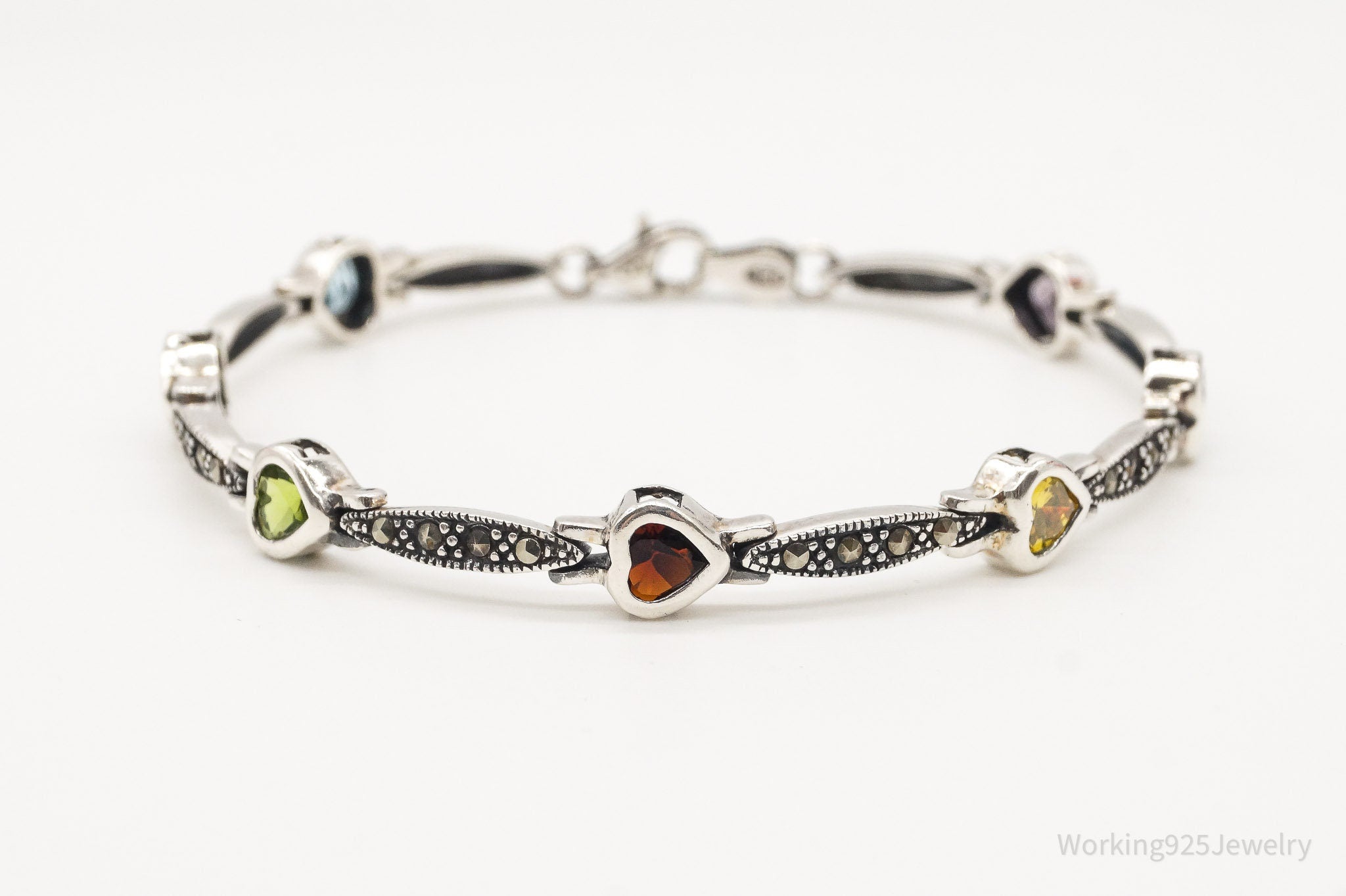 Vintage Multi Gemstones Hearts Sterling Silver Bracelet