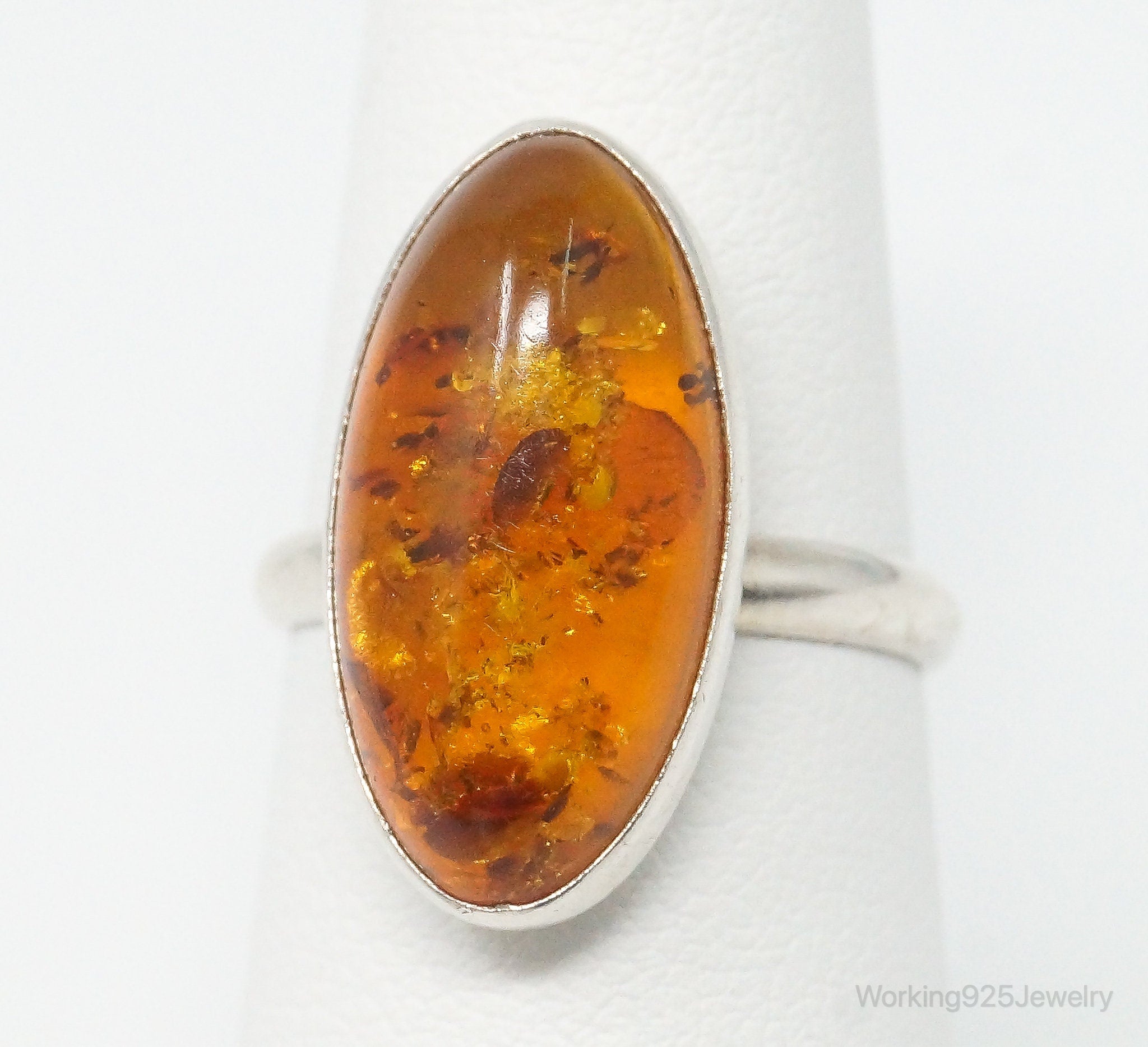 Vintage Large Baltic Amber Sterling Silver Ring - Size 6.25