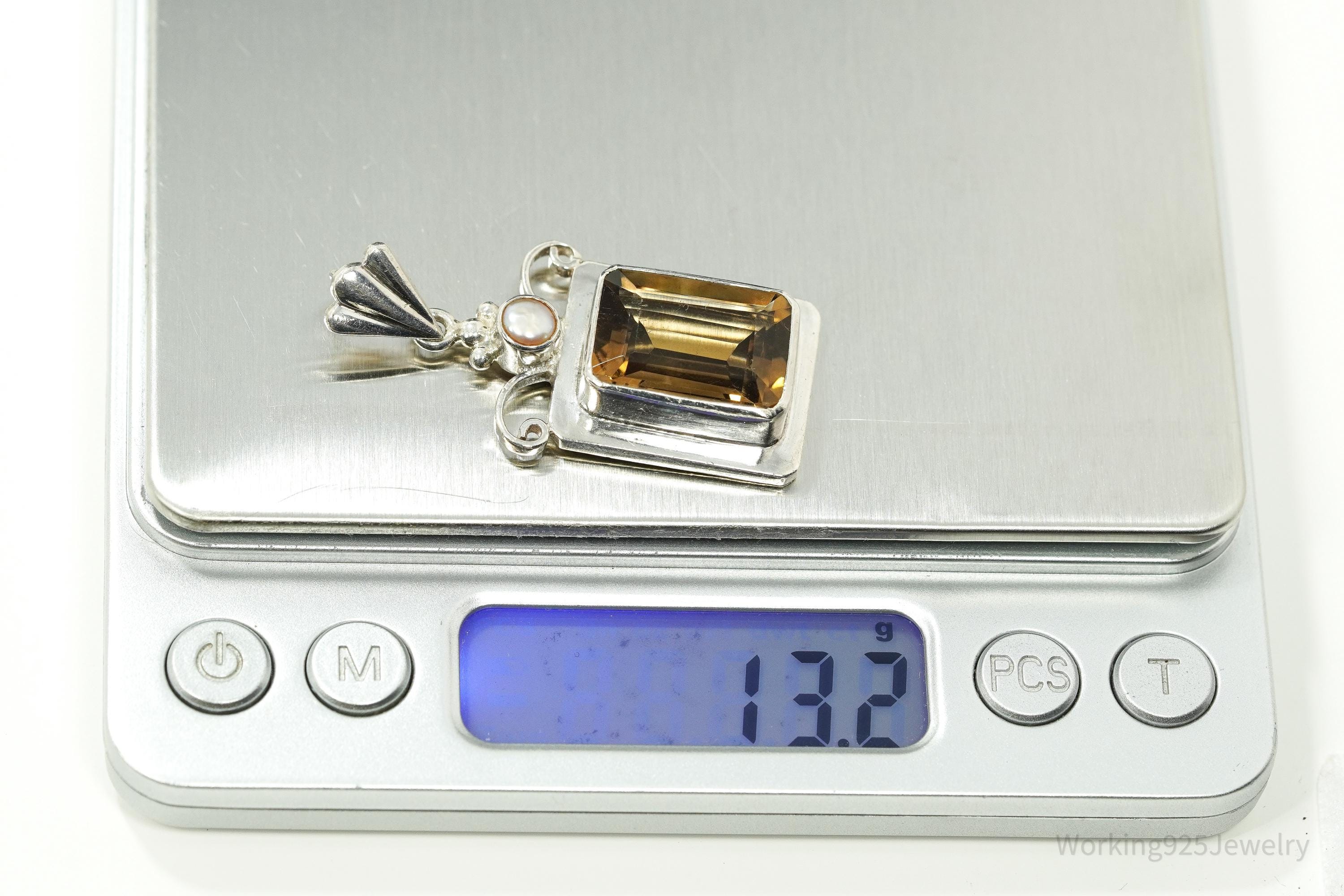 Vintage Large Smoky Topaz & Pearl Sterling Silver Pendant