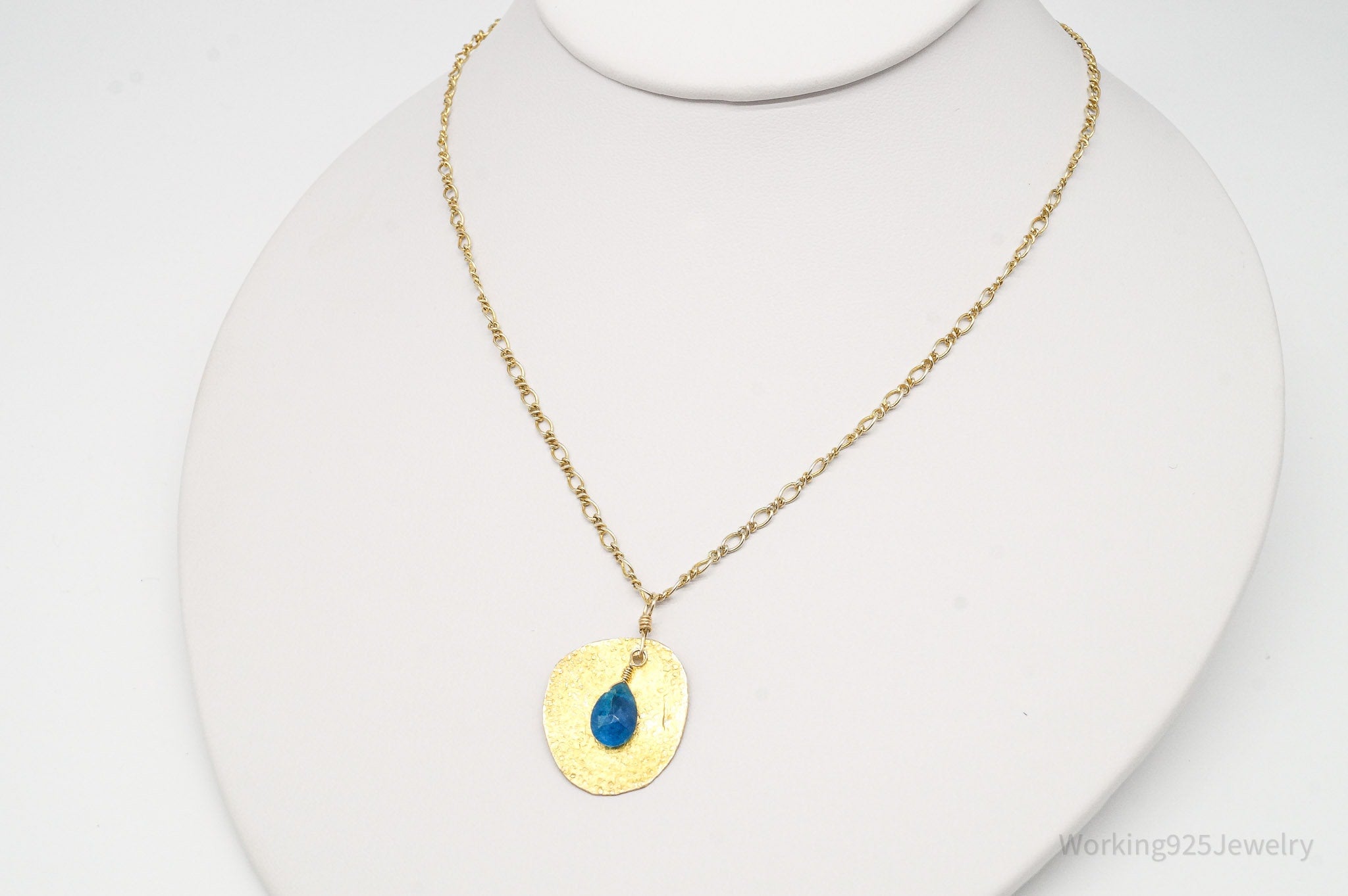 Vintage Blue Stone Hammered Style Gold Vermeil Sterling Silver Necklace 18"