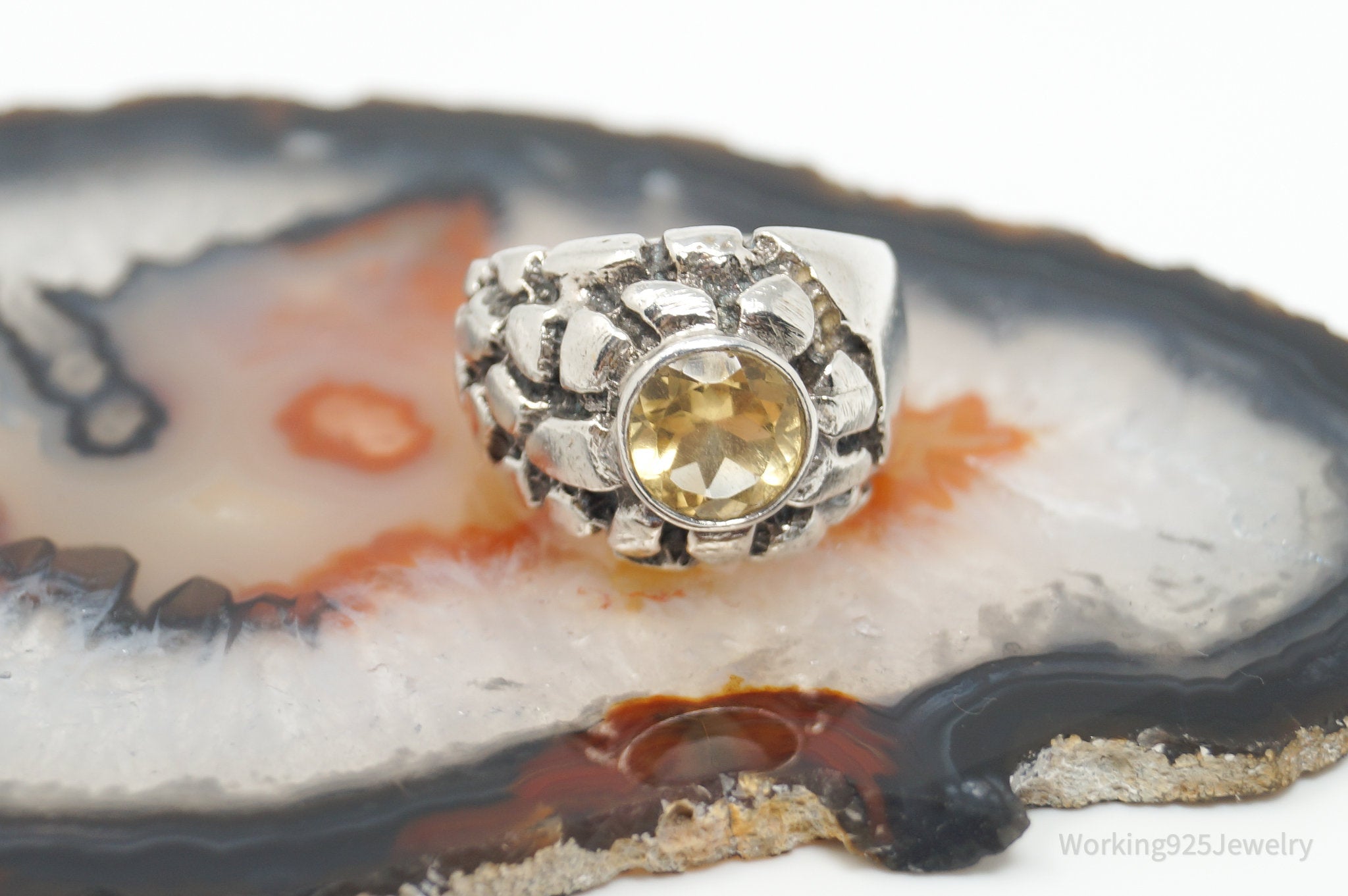 Vintage Mid Century Brutalist Style Citrine Sterling Silver Ring - Size 6.75