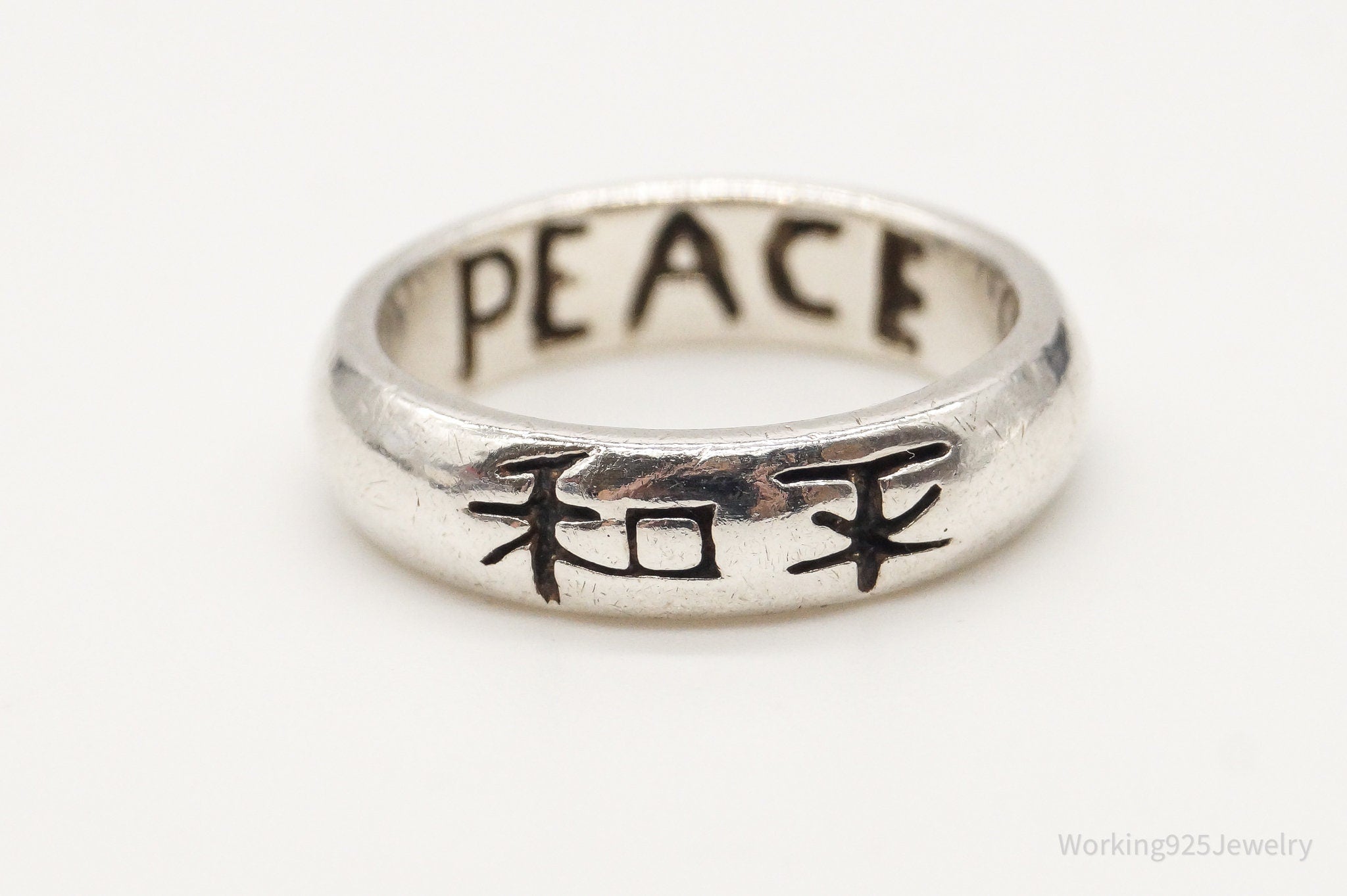 Vintage "PEACE" Letter Symbols Sterling Silver Band Ring - Size 4.75