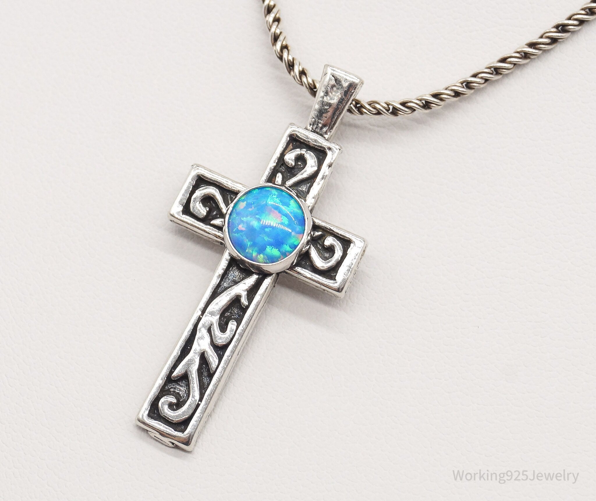 Vintage Blue Opal Sterling Silver Cross Necklace