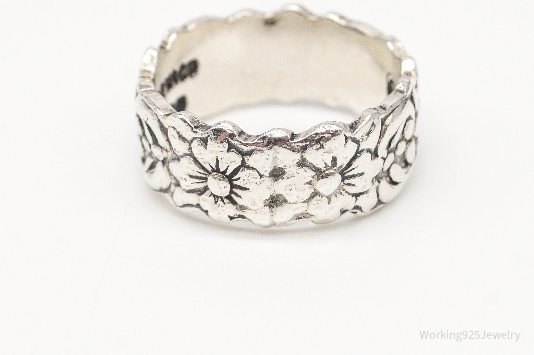 Vintage Mexico Flowers Sterling Silver Band Ring - Size 6.5