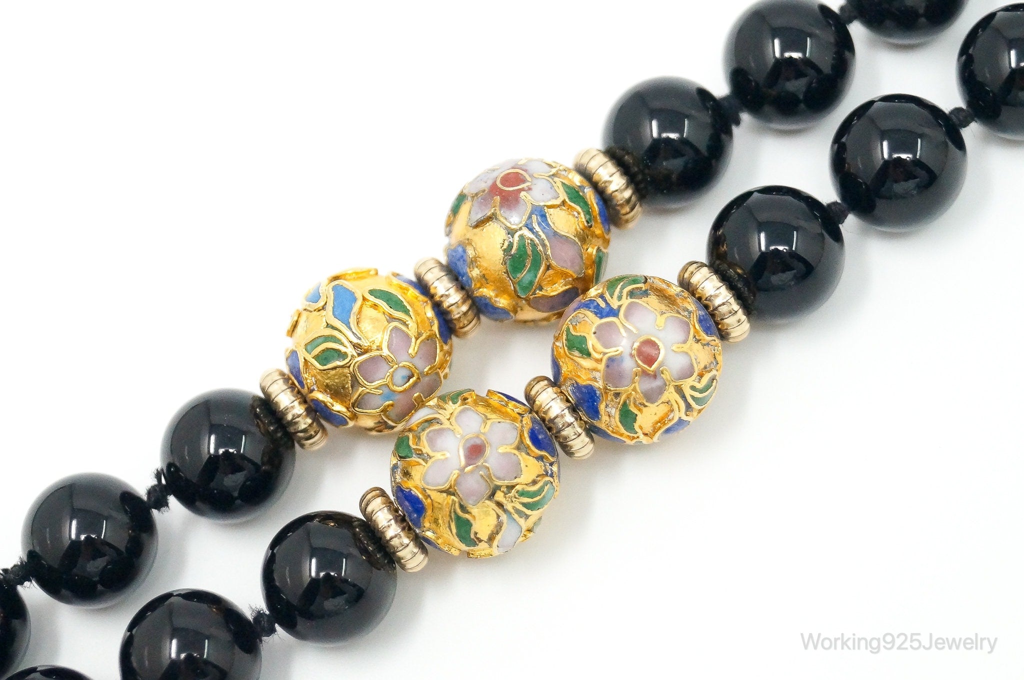 Vintage Long Black Onyx Cloisonne Beads Necklace