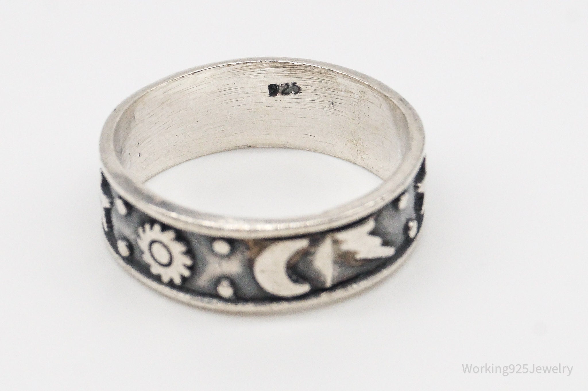 Vintage Star Moon Stars Oxidized Sterling Silver Band Ring - Size 11.25