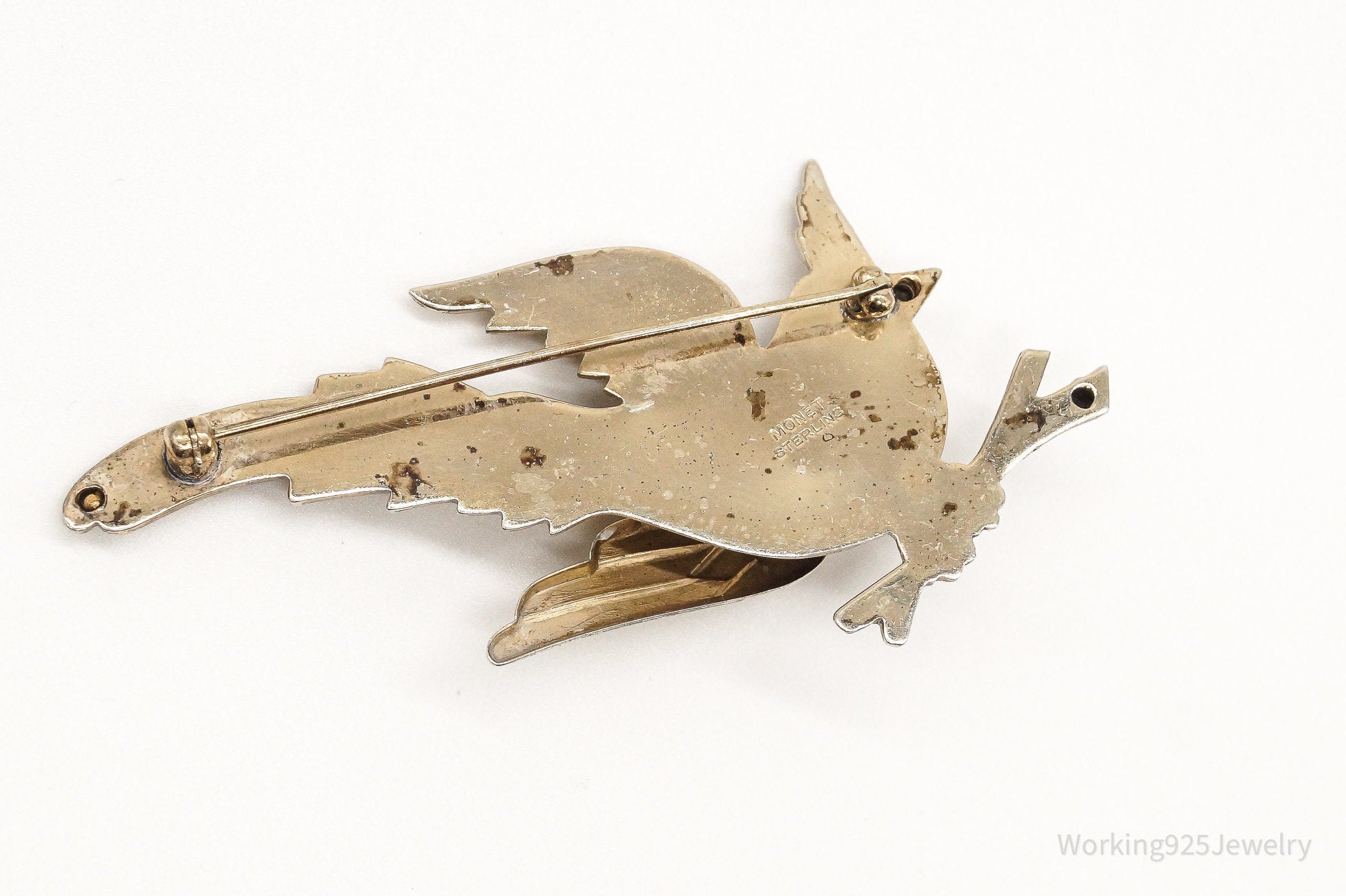 Rare Large Vintage Designer Monet Bird Gold Wash Sterling Silver Brooch Pin