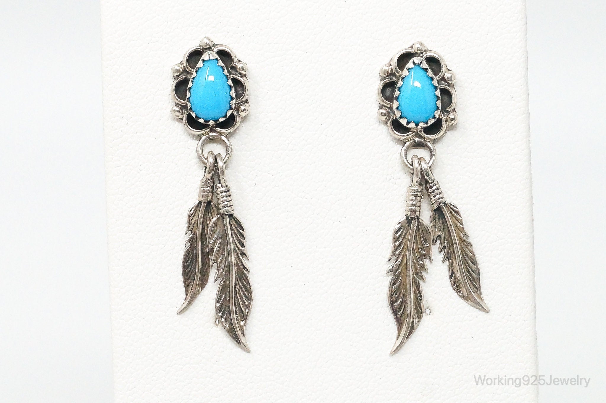 Vintage Native American RB Turquoise Feather Sterling Silver Earrings