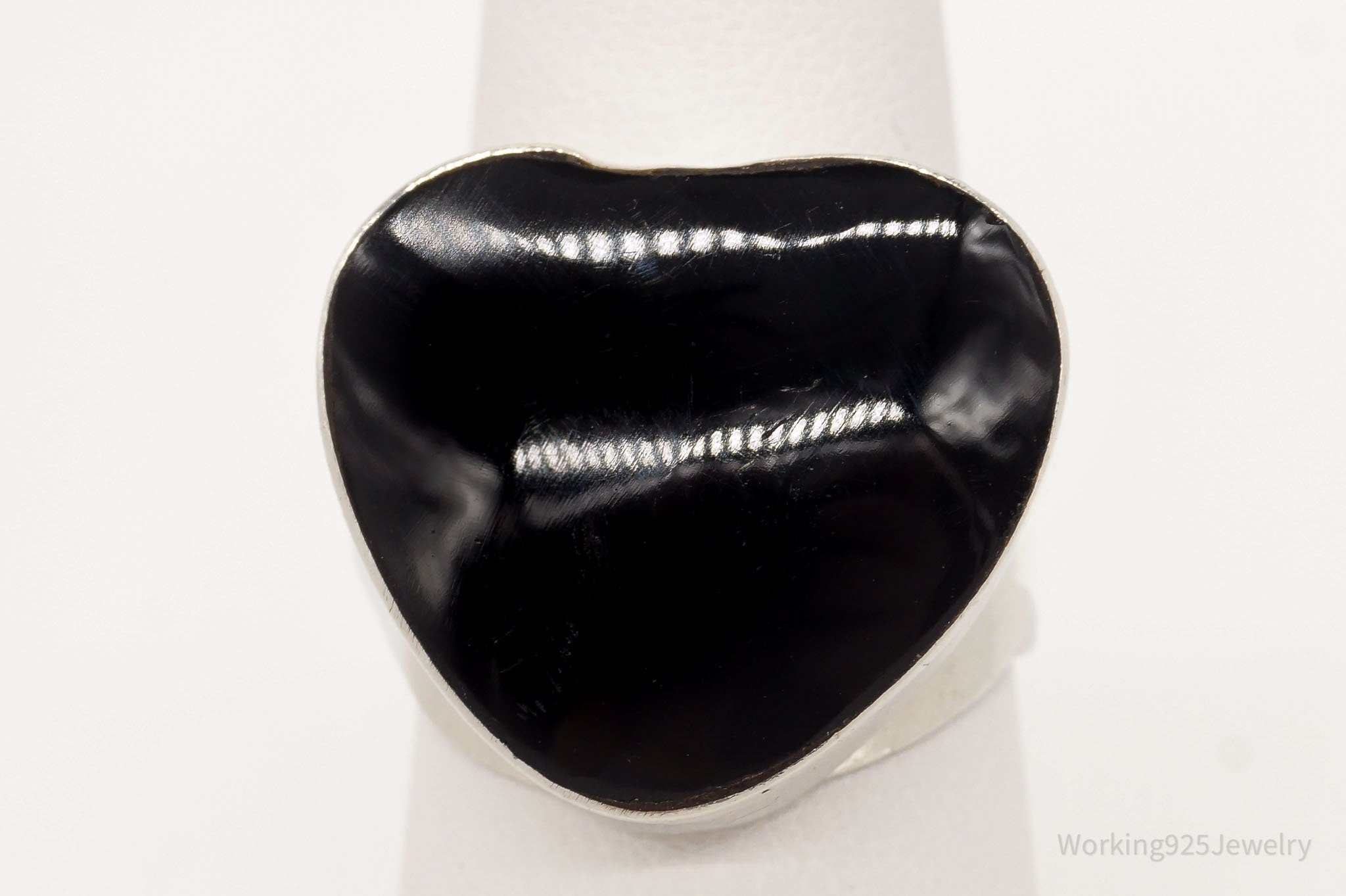 Vintage Mexico Large Black Onyx Heart Sterling Silver Ring - Size 7.5