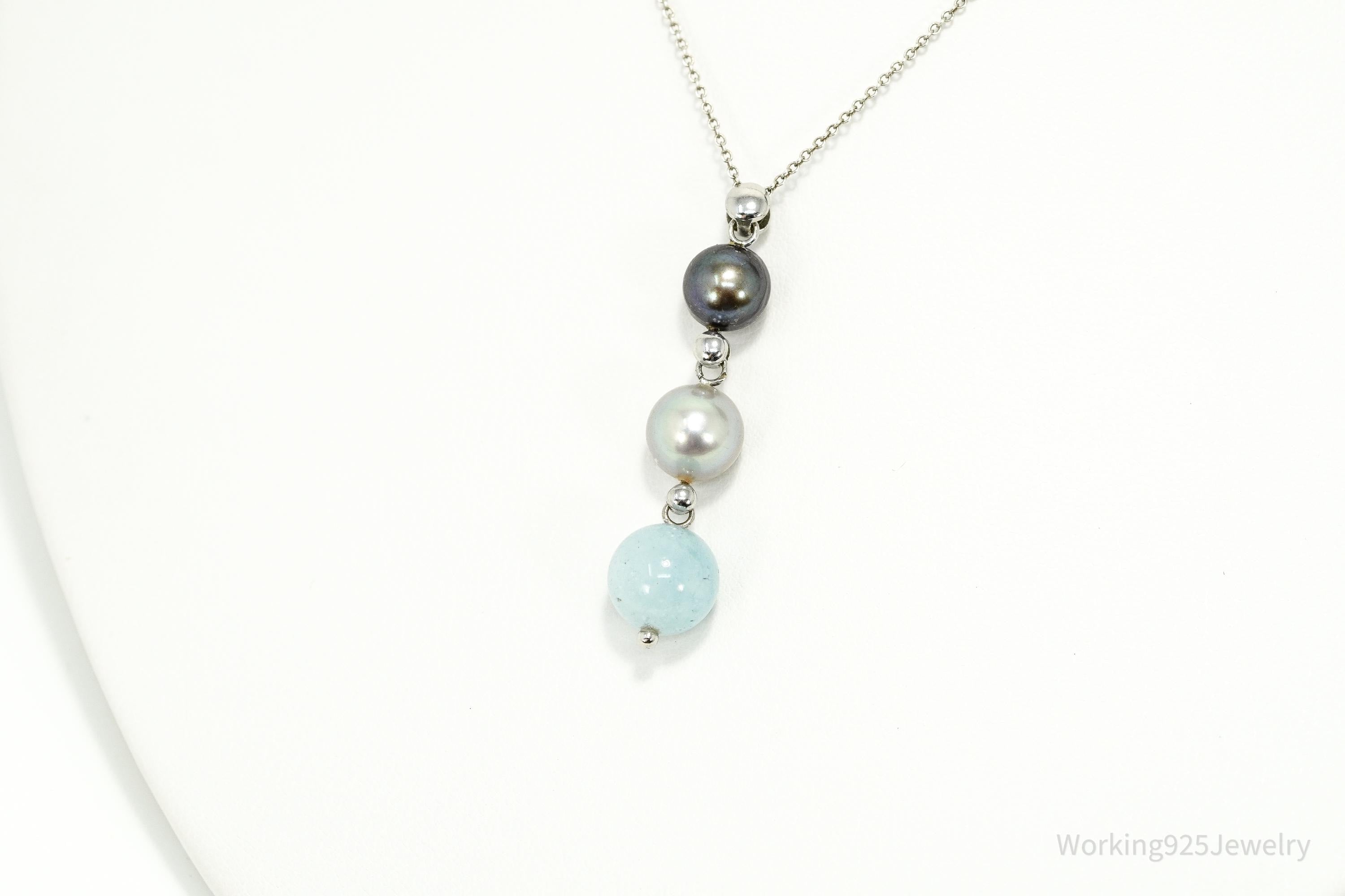 Vintage Pearl & Aquamarine Sterling Silver Necklace 18"