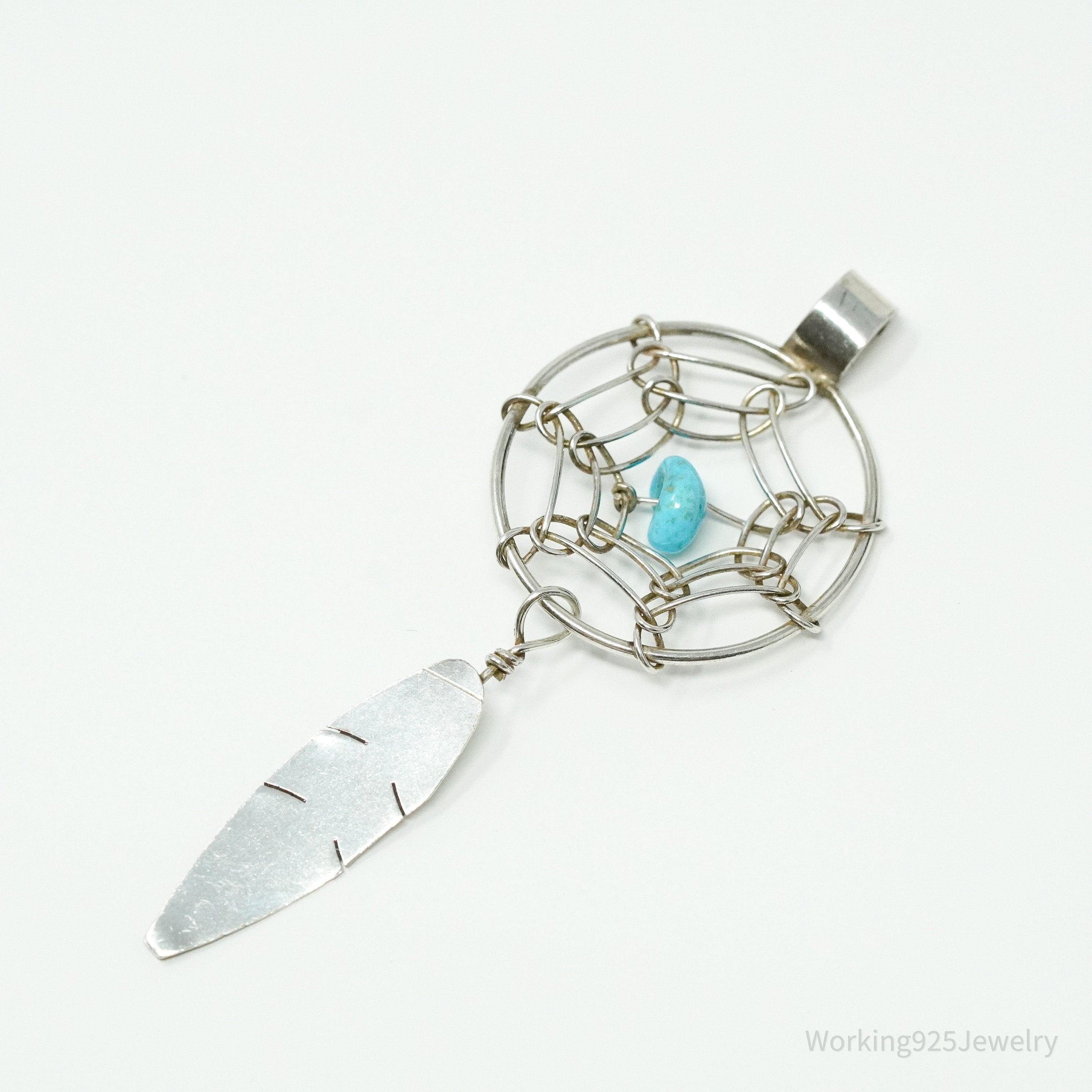 Vintage Native American Turquoise Dreamcatcher Silver Pendant