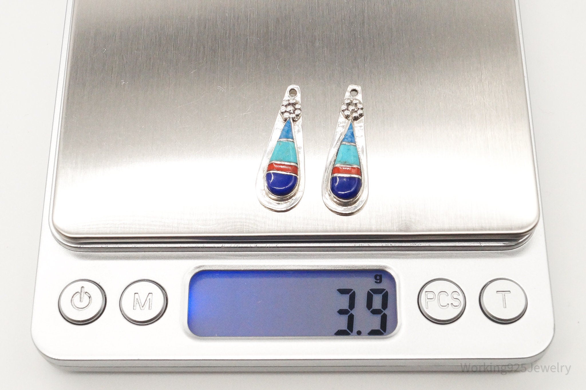 VTG Native American Turquoise Lapis Lazuli Coral Sterling Silver Earring Jackets