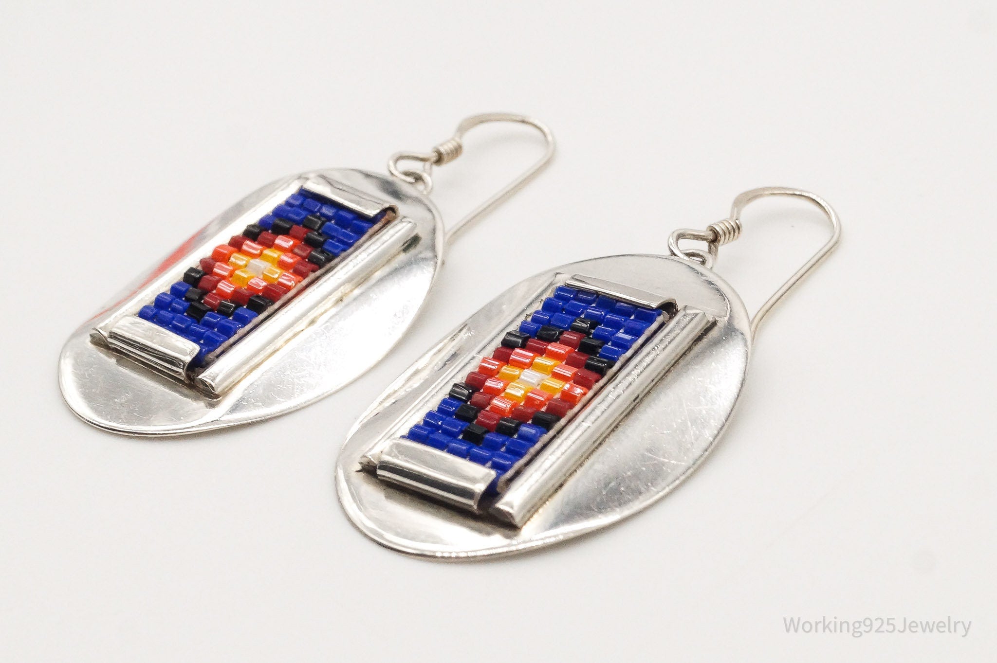 Vintage Native American Bead Inlay Sterling Silver Earrings