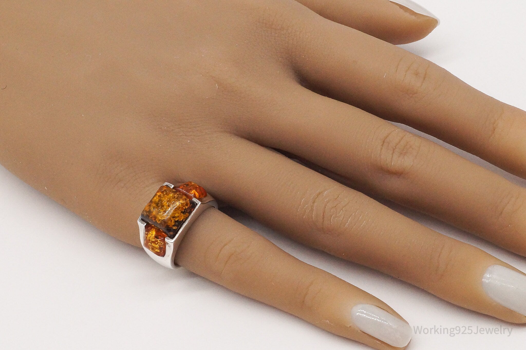 Vintage Amber Sterling Silver Ring - Size 6