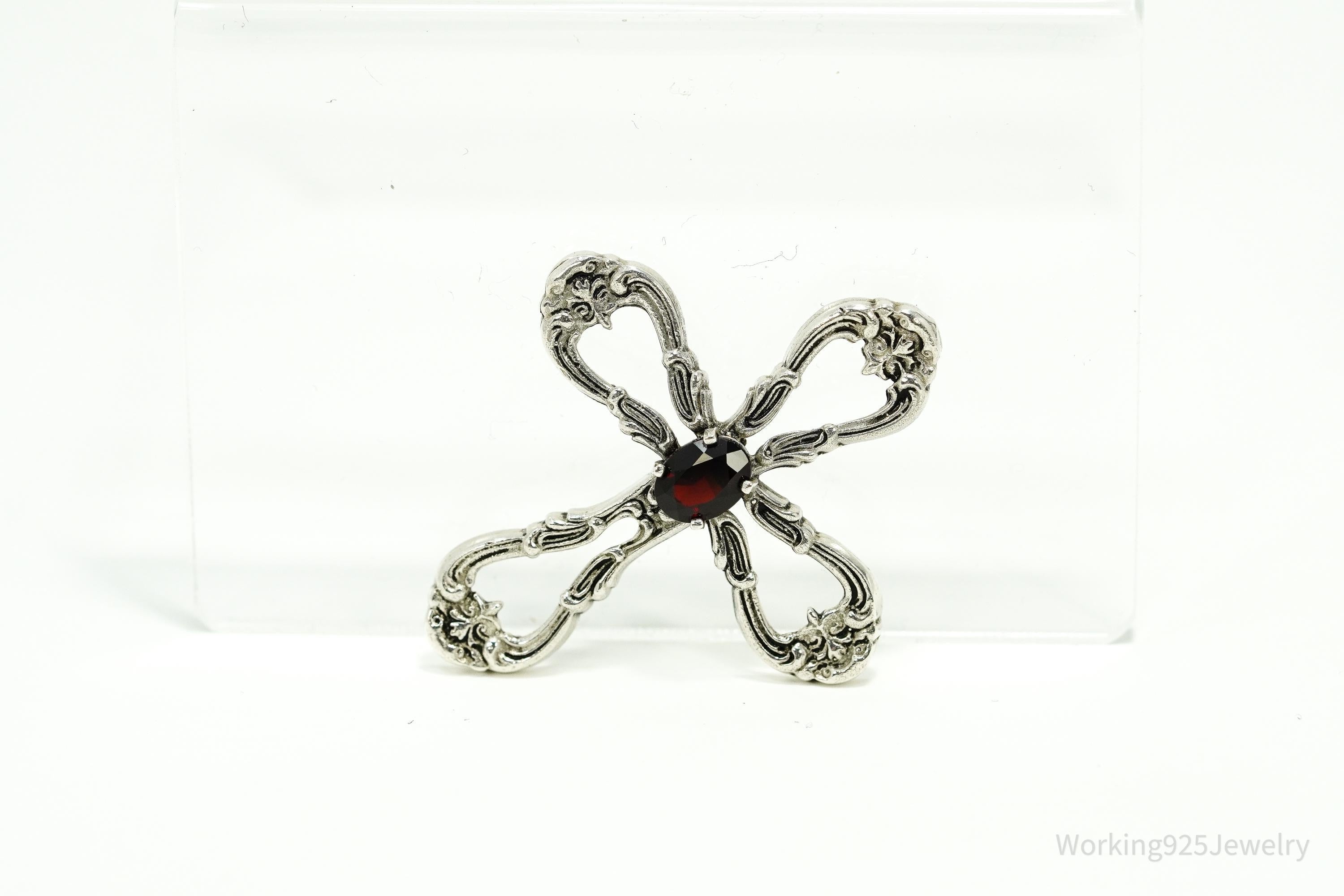 Vintage Designer Gorham Garnet Ornate Sterling Silver Cross Necklace Pendant