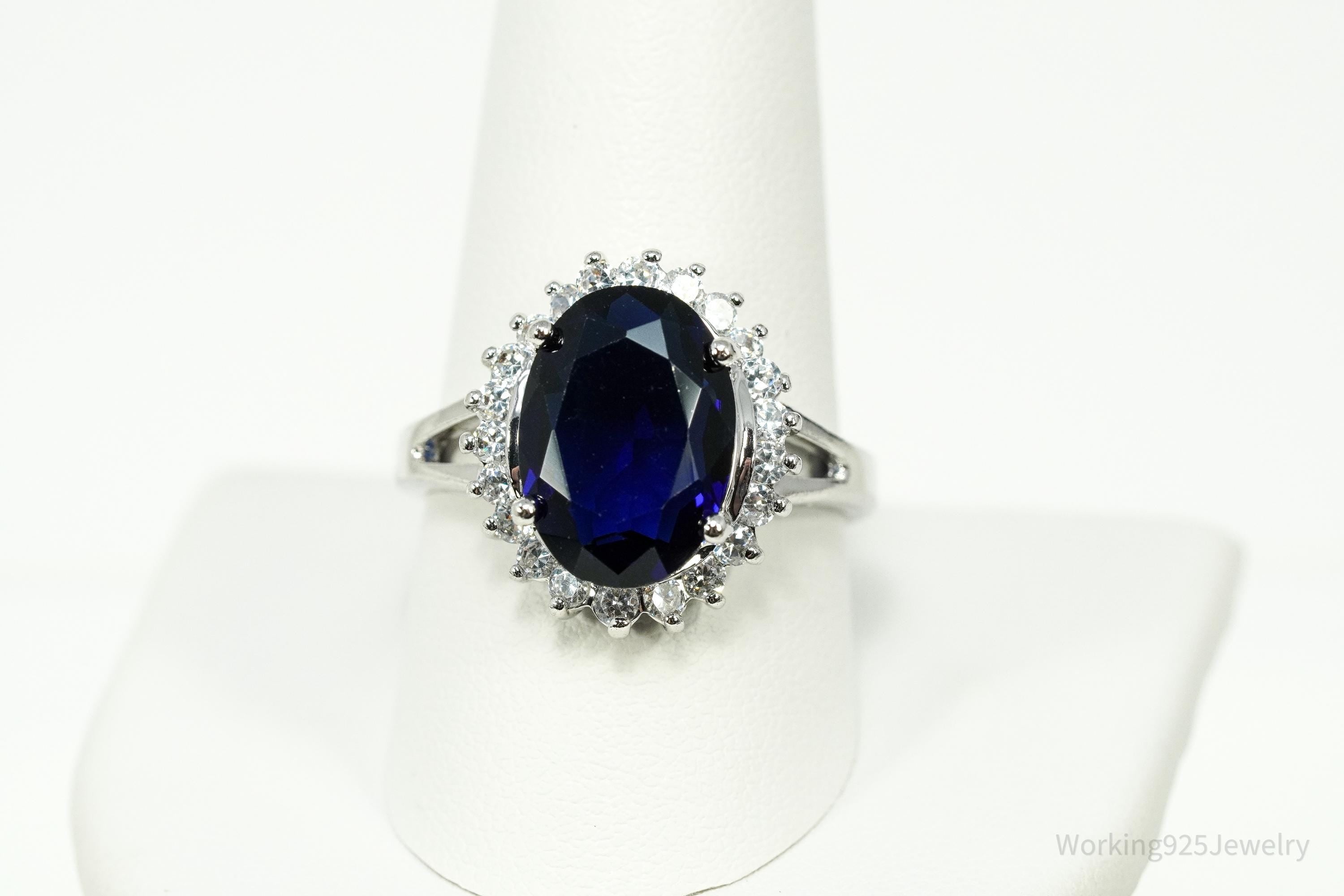 Vintage Avon RJ Simulated Blue Sapphire & Cubic Zirconia Sterling Silver Ring Size 10