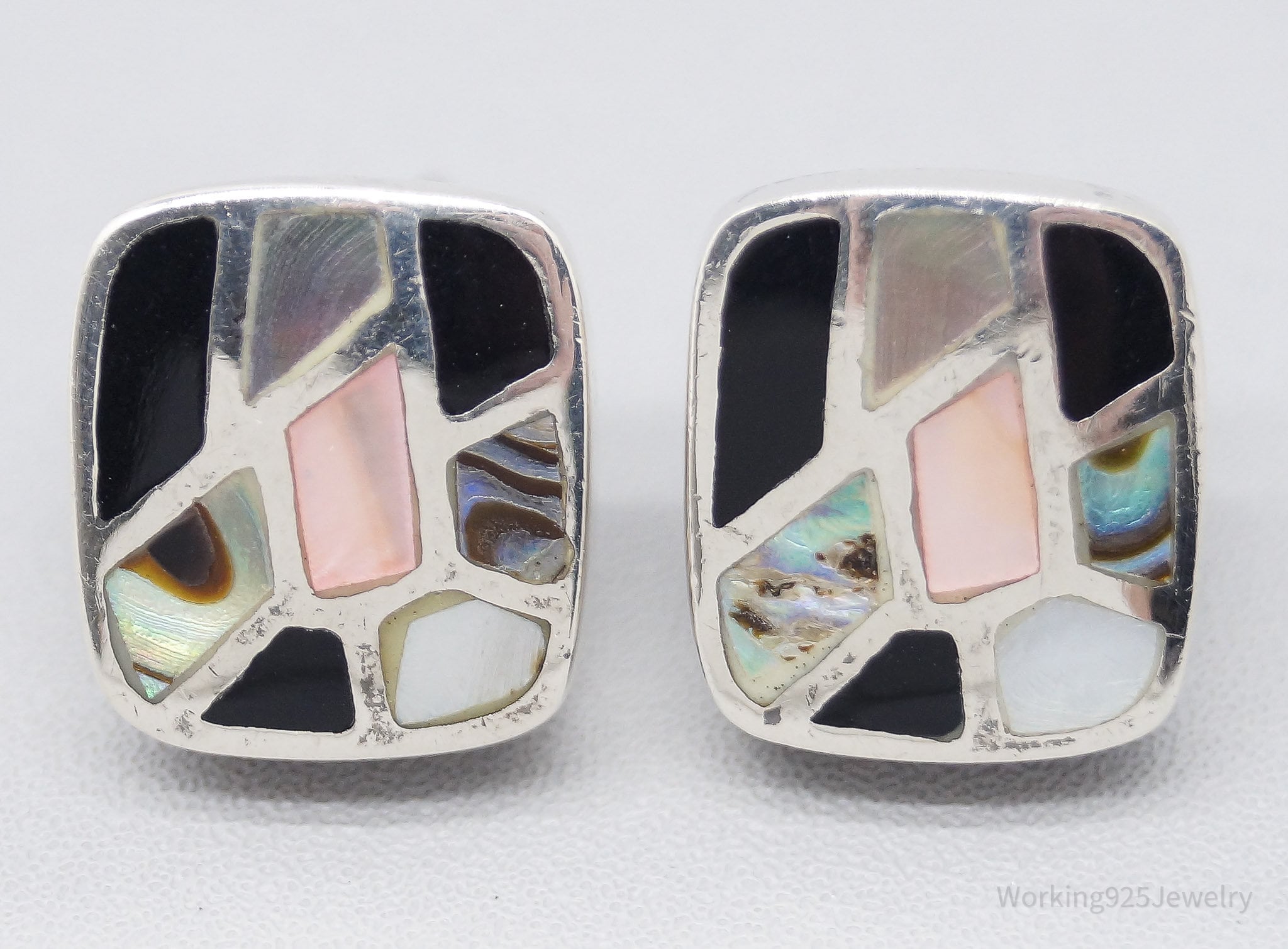 VTG Mother Of Pearl Black Onyx Paua Abalone Shell Inlay Sterling Silver Earrings