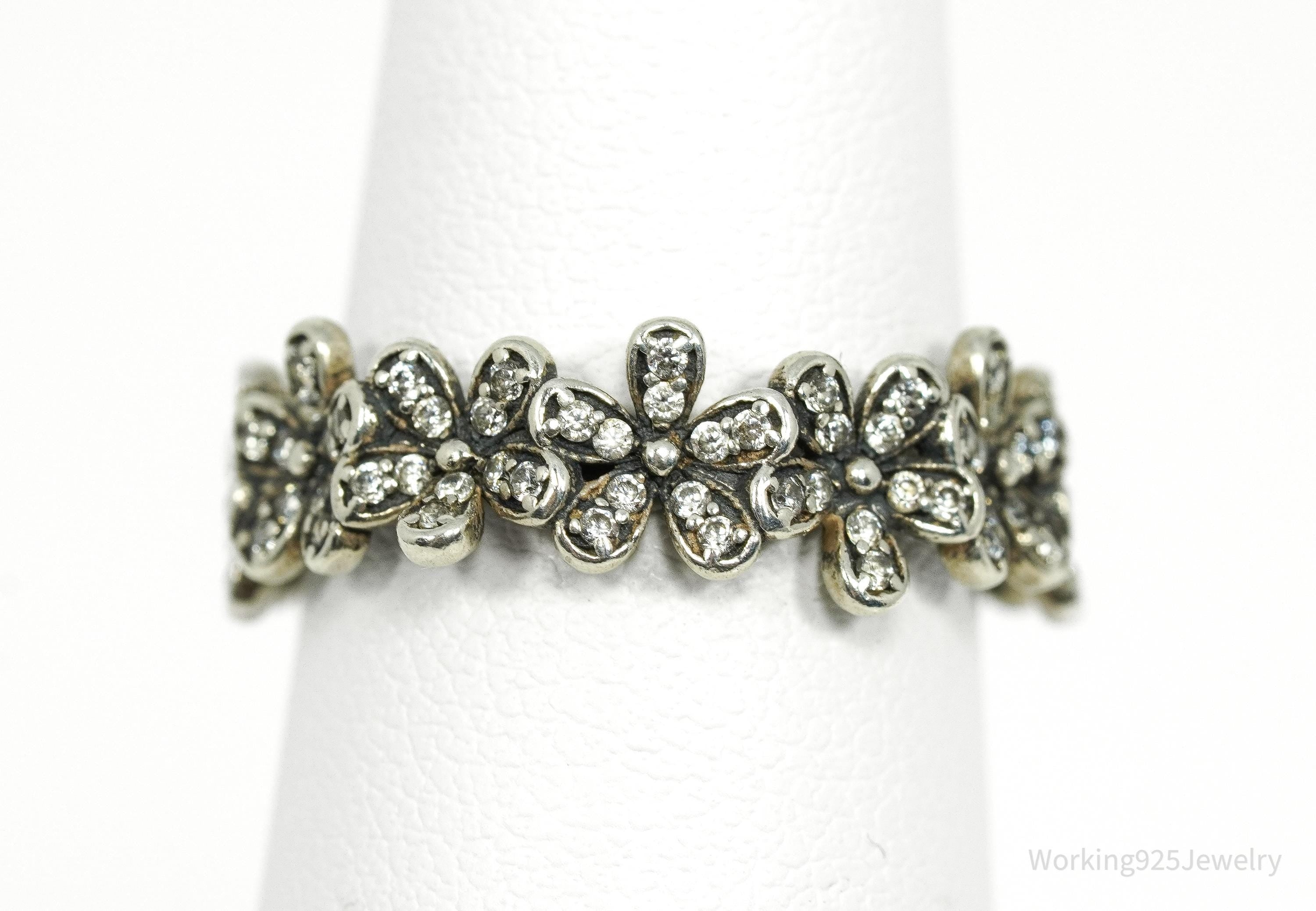 Cubic Zirconia Daisies Sterling Silver Ring - Size 6.25