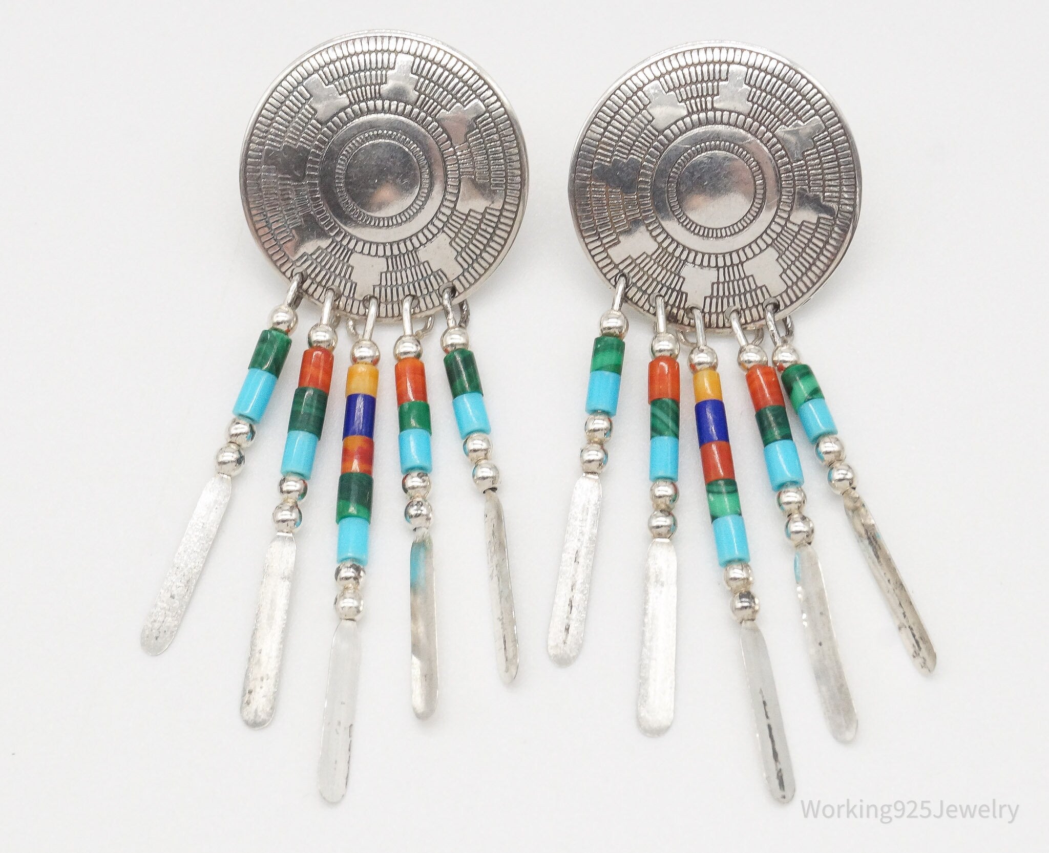 Vintage Native American Multi Gem Bead Sterling Silver Earrings