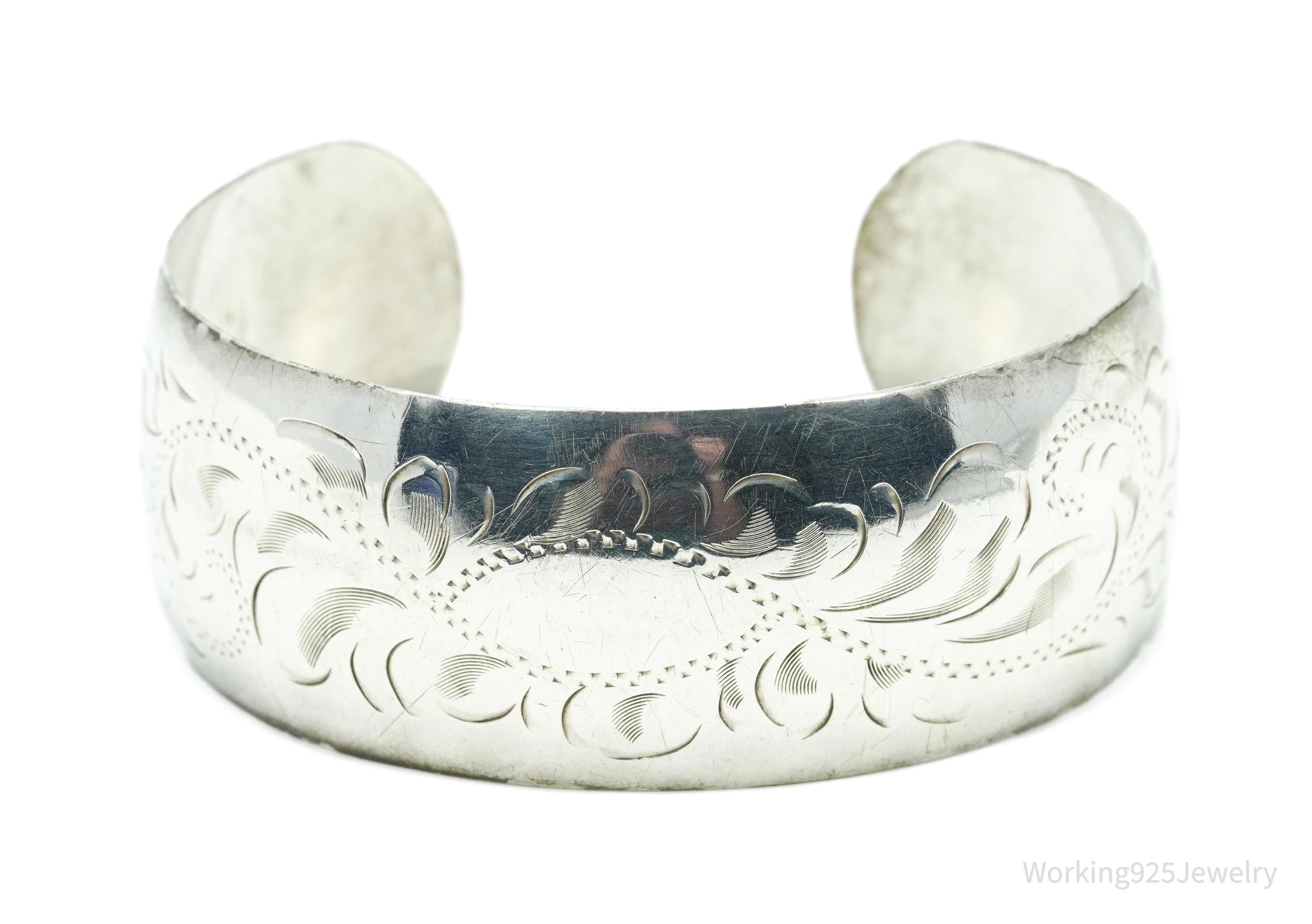 Antique Art Nouveau Floral Etched Sterling Silver Cuff Bracelet 7.25"
