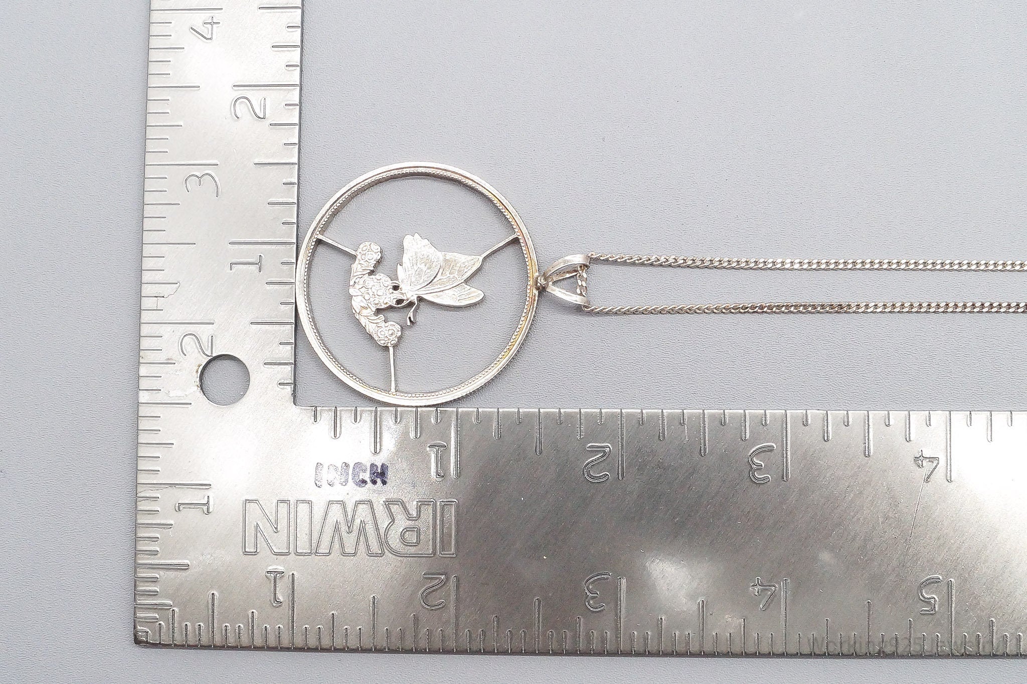 Antique Butterfly Cut Silver Coin Turned Pendant Sterling Silver Necklace 24"