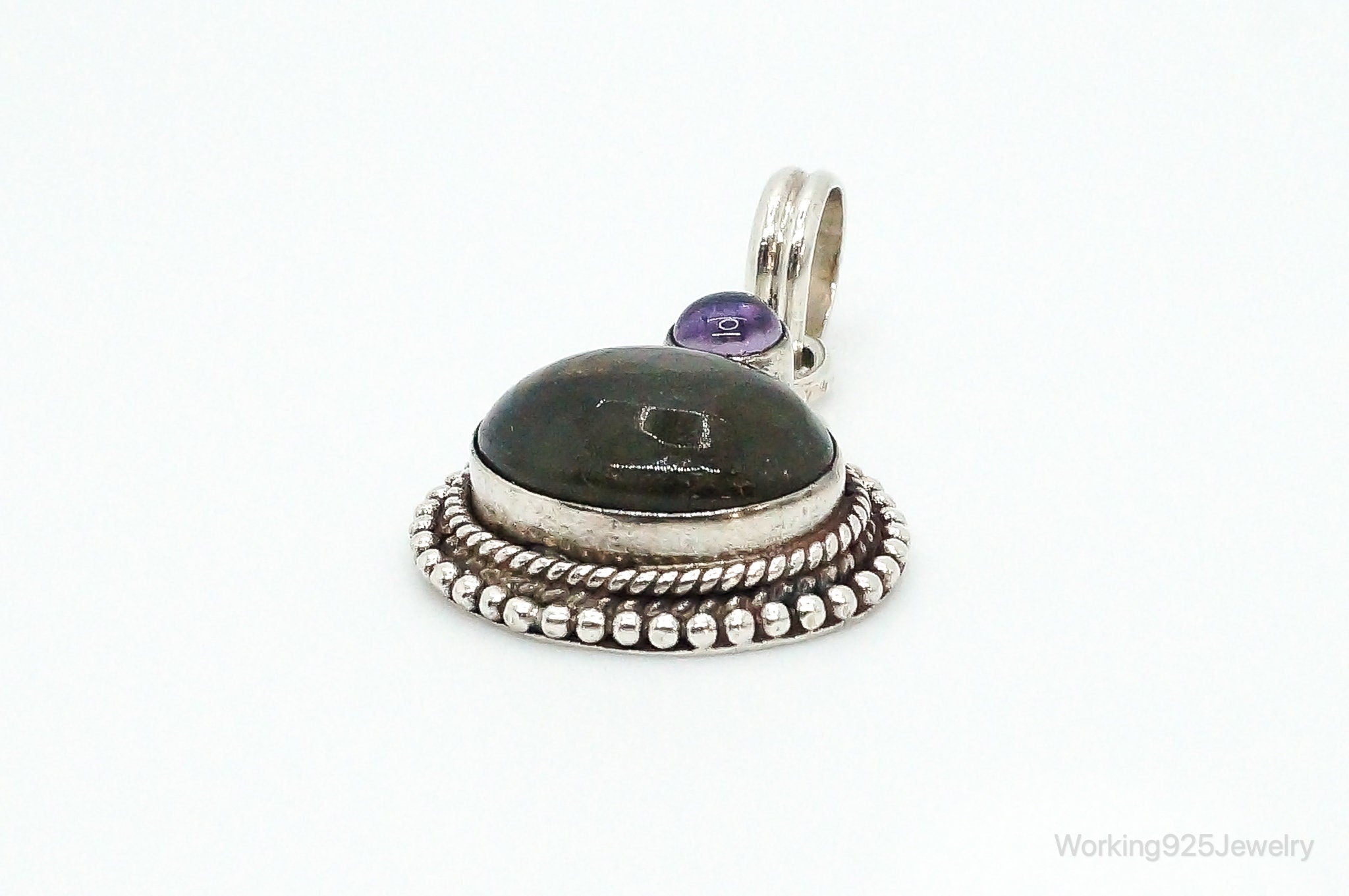 Vintage Large Labradorite Amethyst Sterling Silver Necklace Pendant