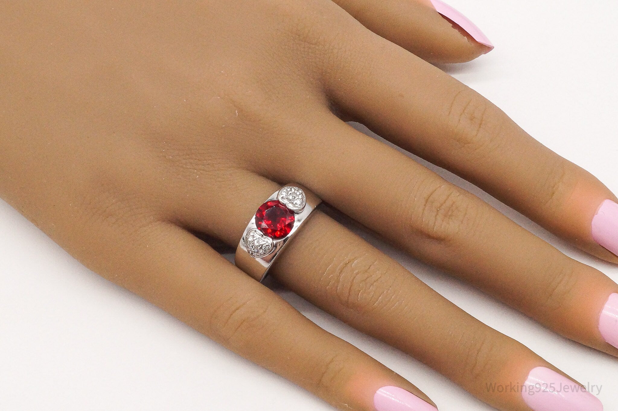 Vintage Lab Ruby Cubic Zirconia Sterling Silver Ring - Size 7.75