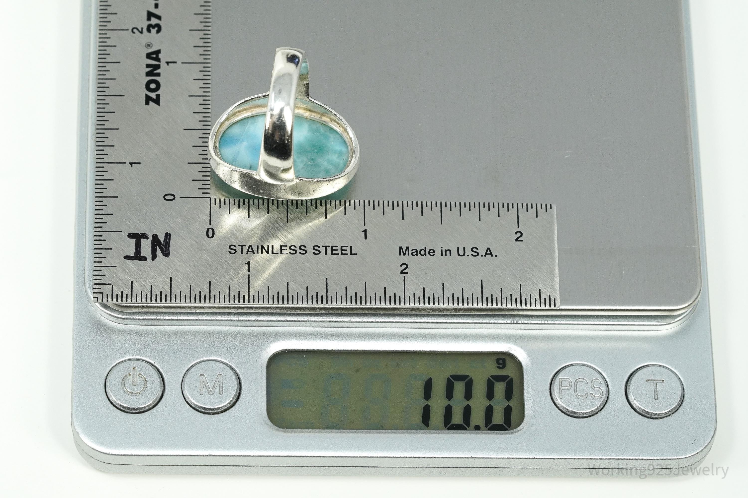 Vintage Large Blue Larimar Sterling Silver Ring - Size 9