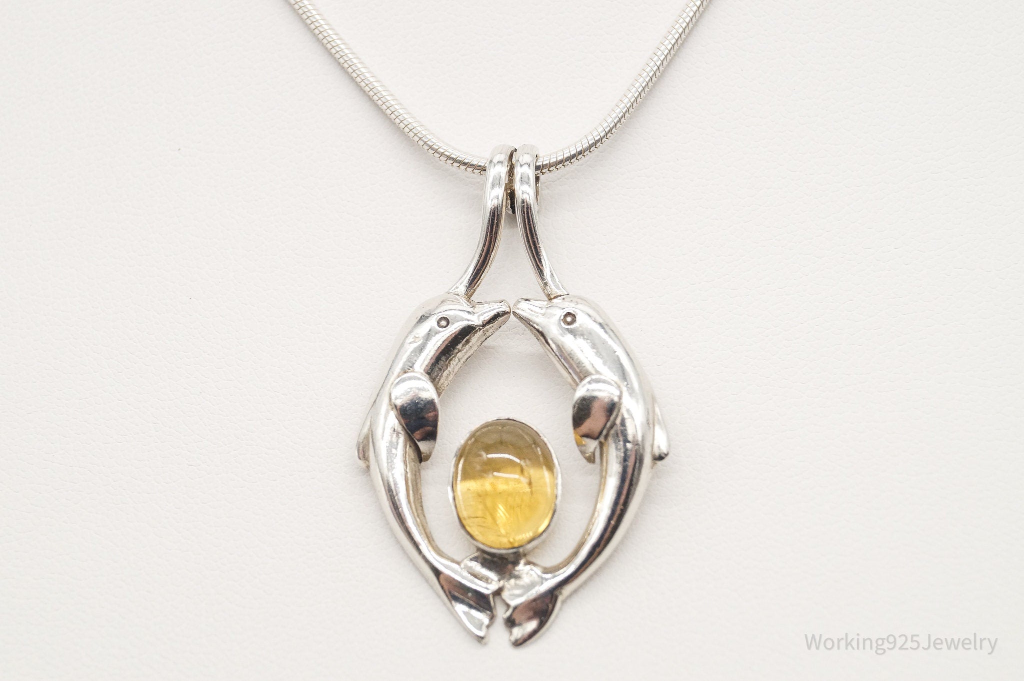 Vintage Large Kissing Dolphins Citrine Sterling Silver Necklace